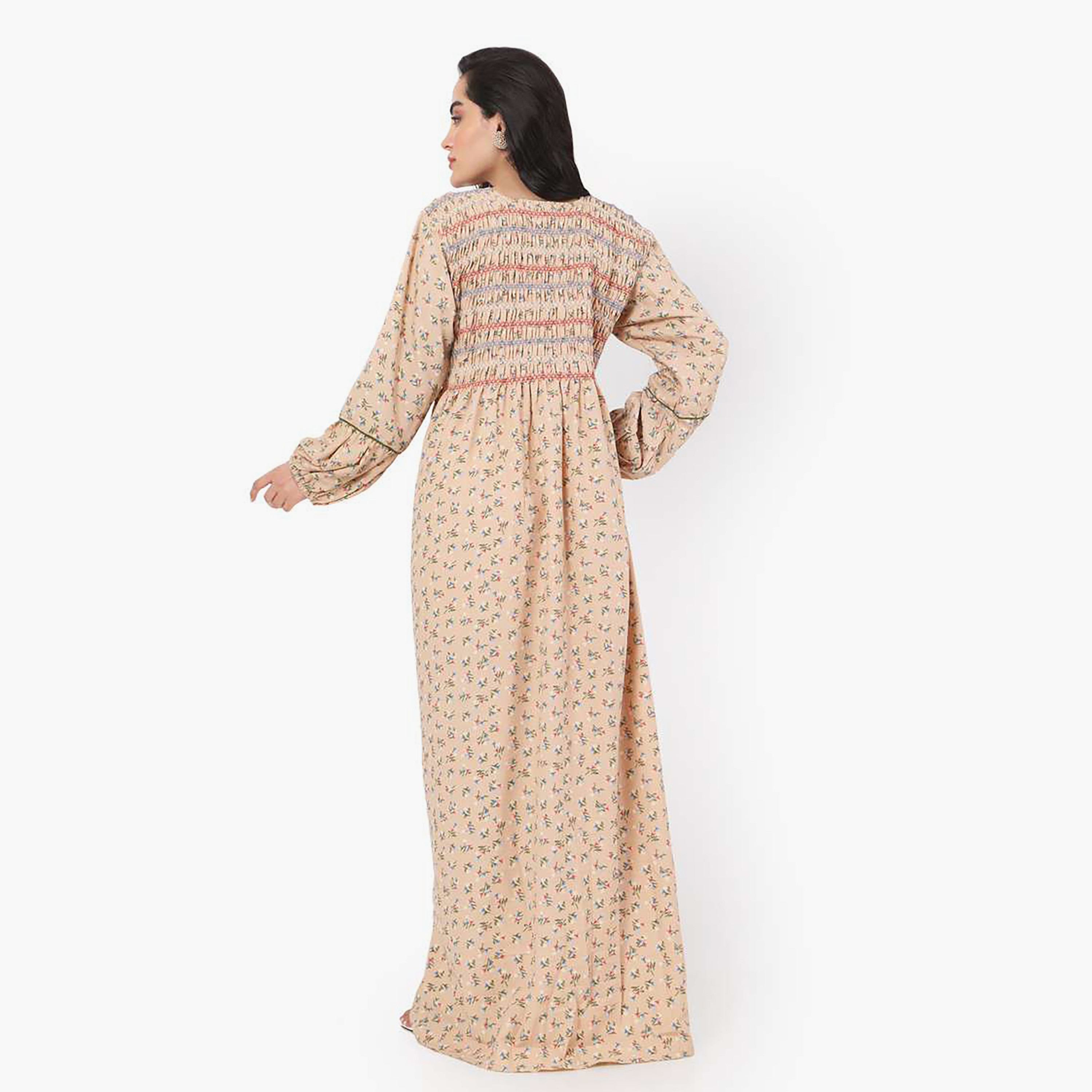 Hana & Sara Beige Floral Print Women's Jalabiya-women-arabicclothing-jalabiyas-image-4