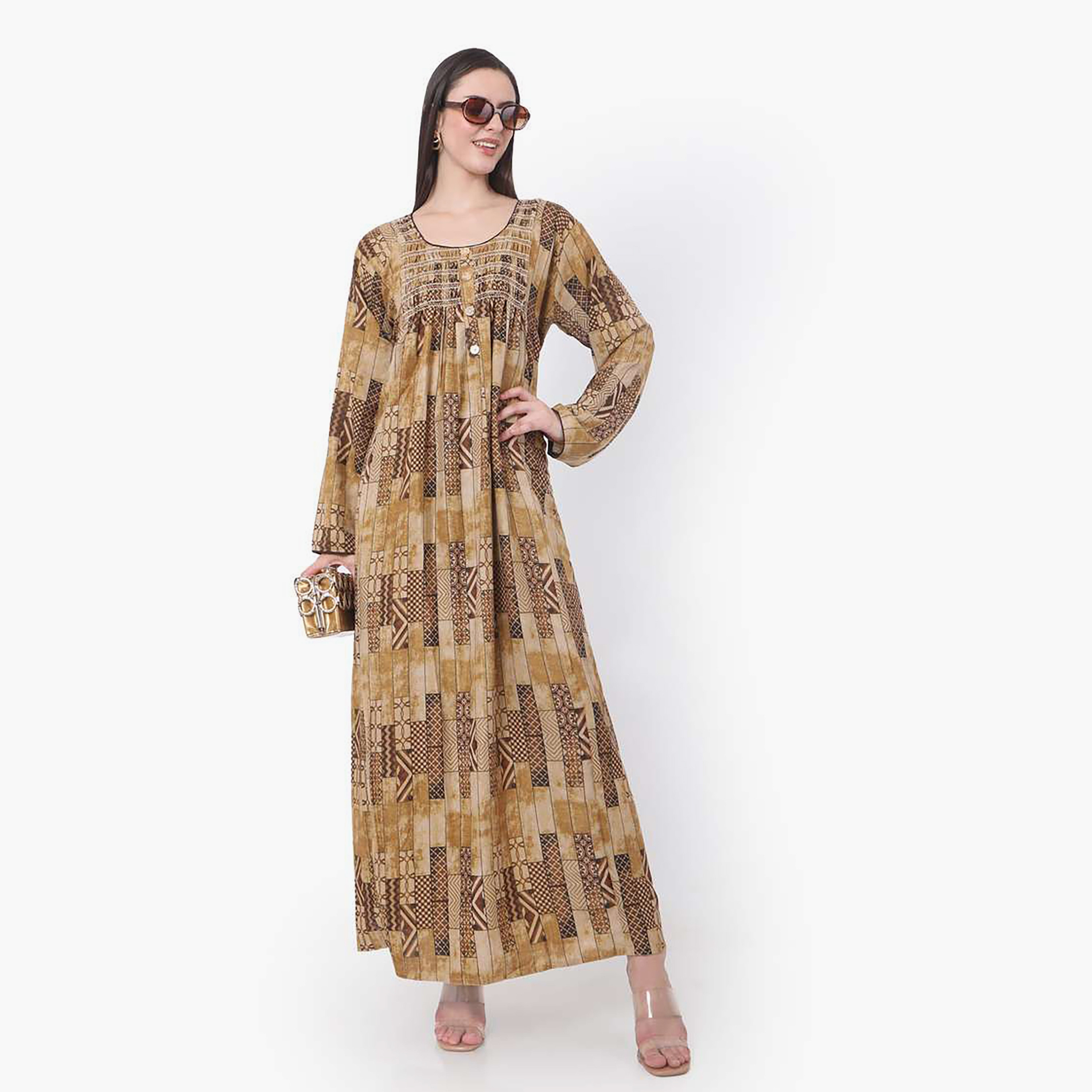 Hana & Sara Brown Printed Women's Jalabiya-women-arabicclothing-jalabiyas-image-1
