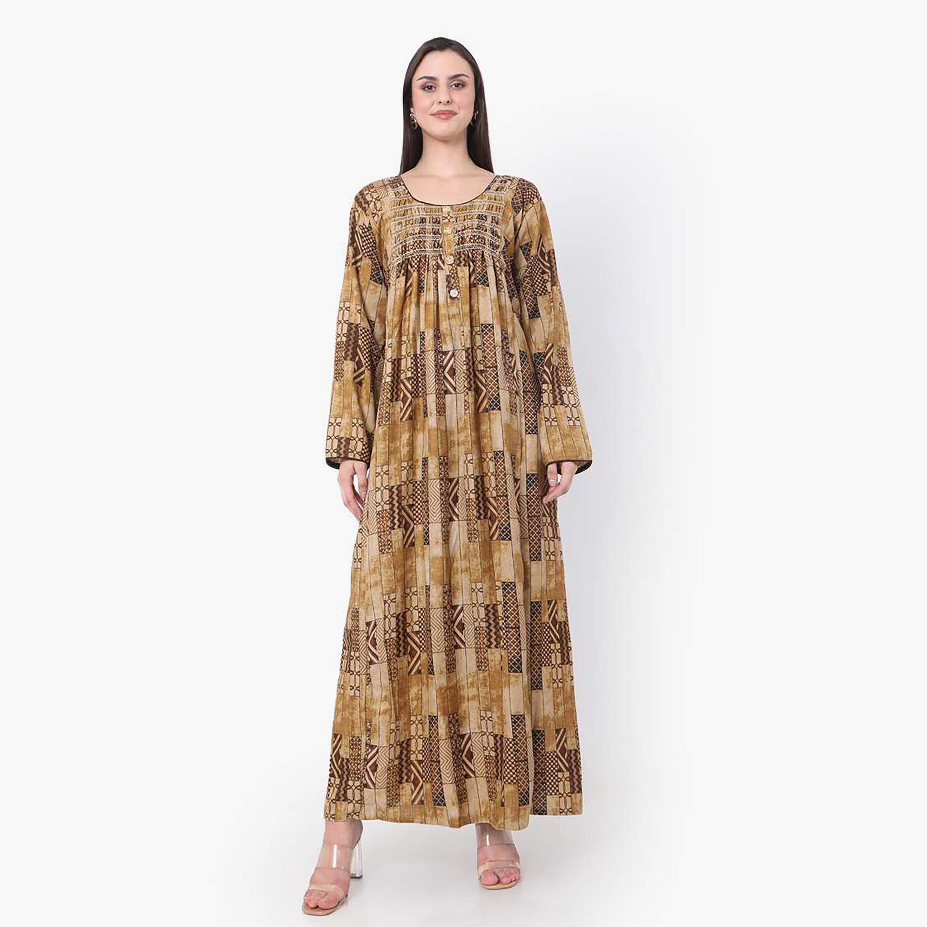 جلابية نسائية مطبوعة من هنا وسارة باللون البني-women-arabicclothing-jalabiyas-image-3