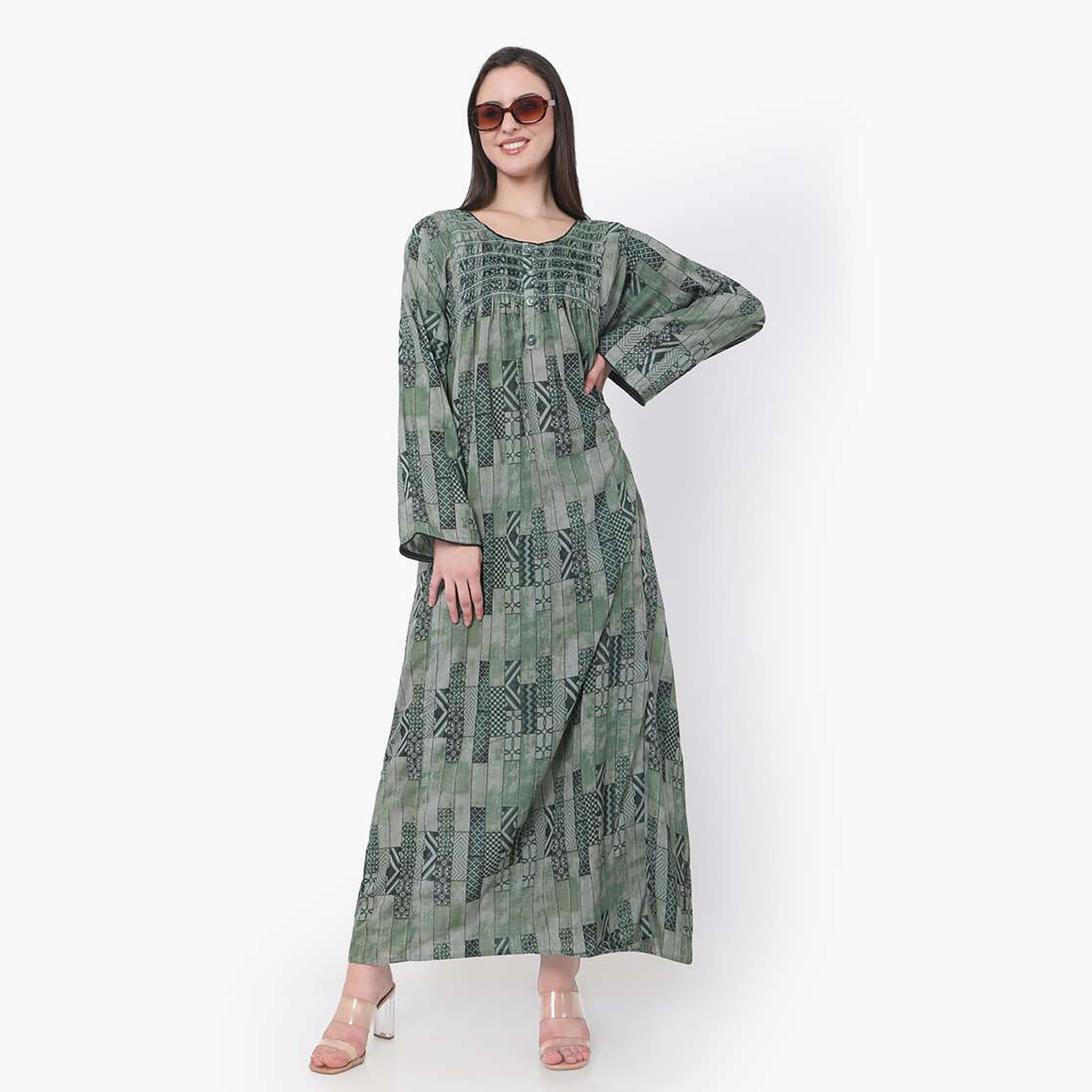 هناء وسارة جلابية نسائية مطبوعة باللون الأخضر-women-arabicclothing-jalabiyas-image-1