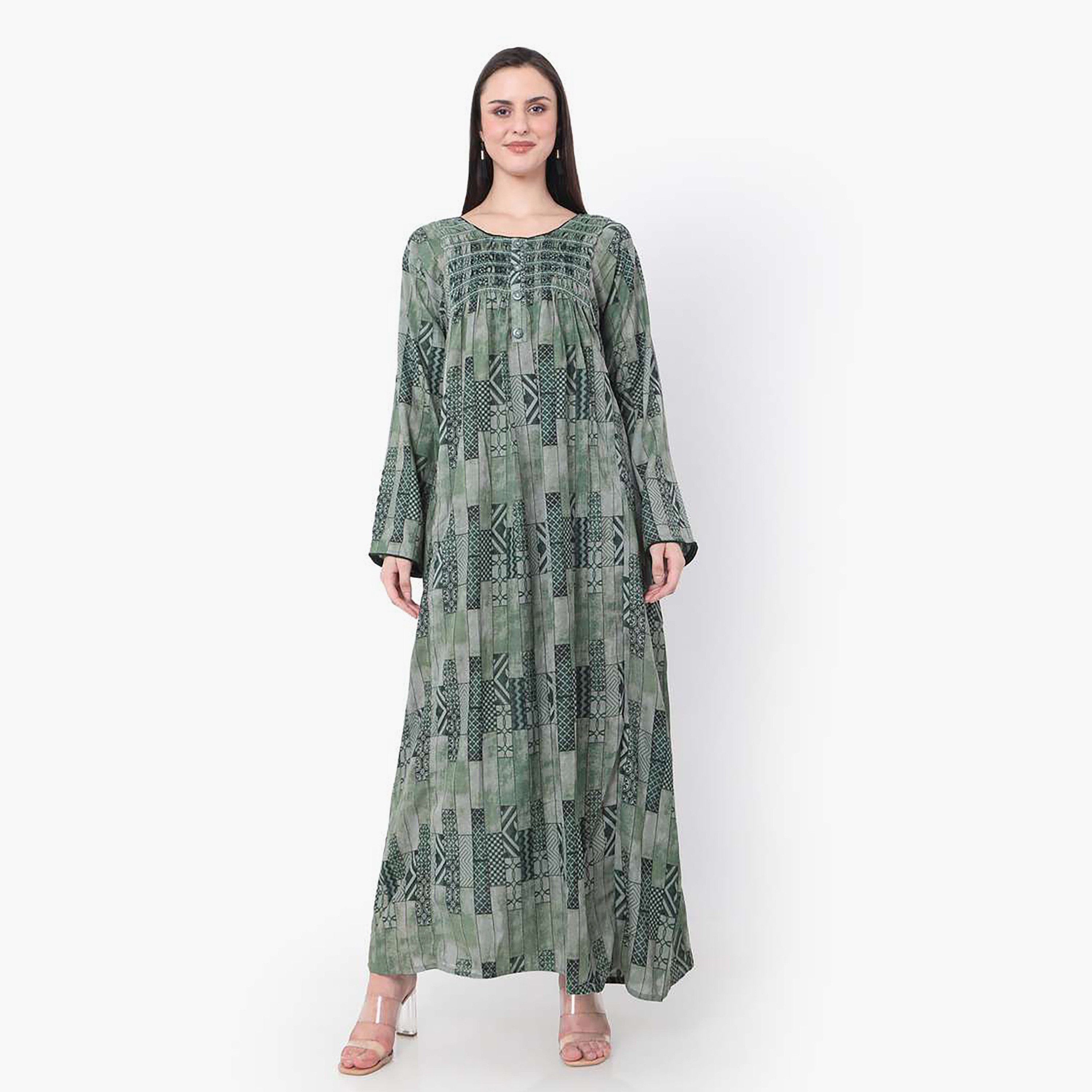 Hana & Sara Green Printed Women's Jalabiya-women-arabicclothing-jalabiyas-image-3