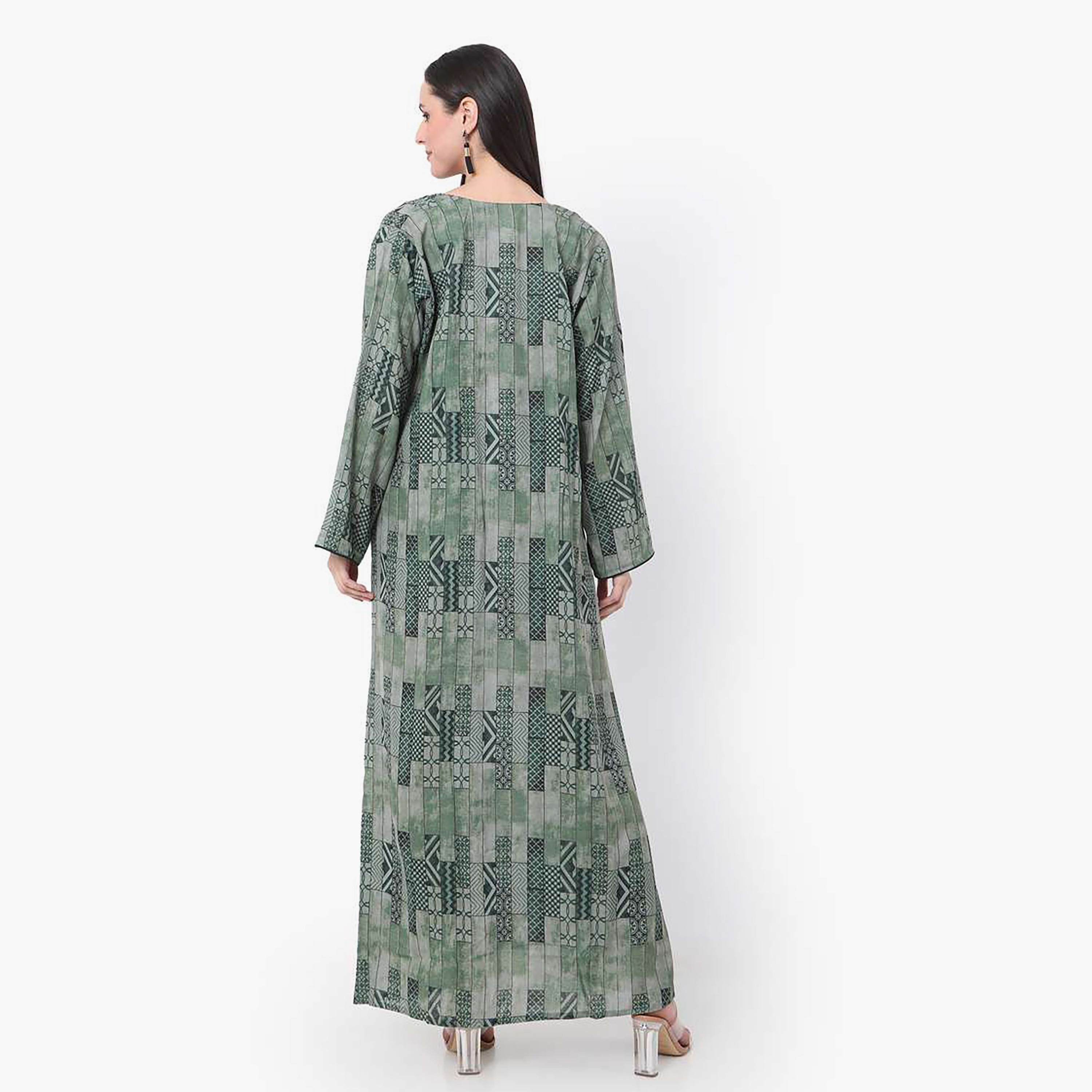 Hana & Sara Green Printed Women's Jalabiya-women-arabicclothing-jalabiyas-image-4