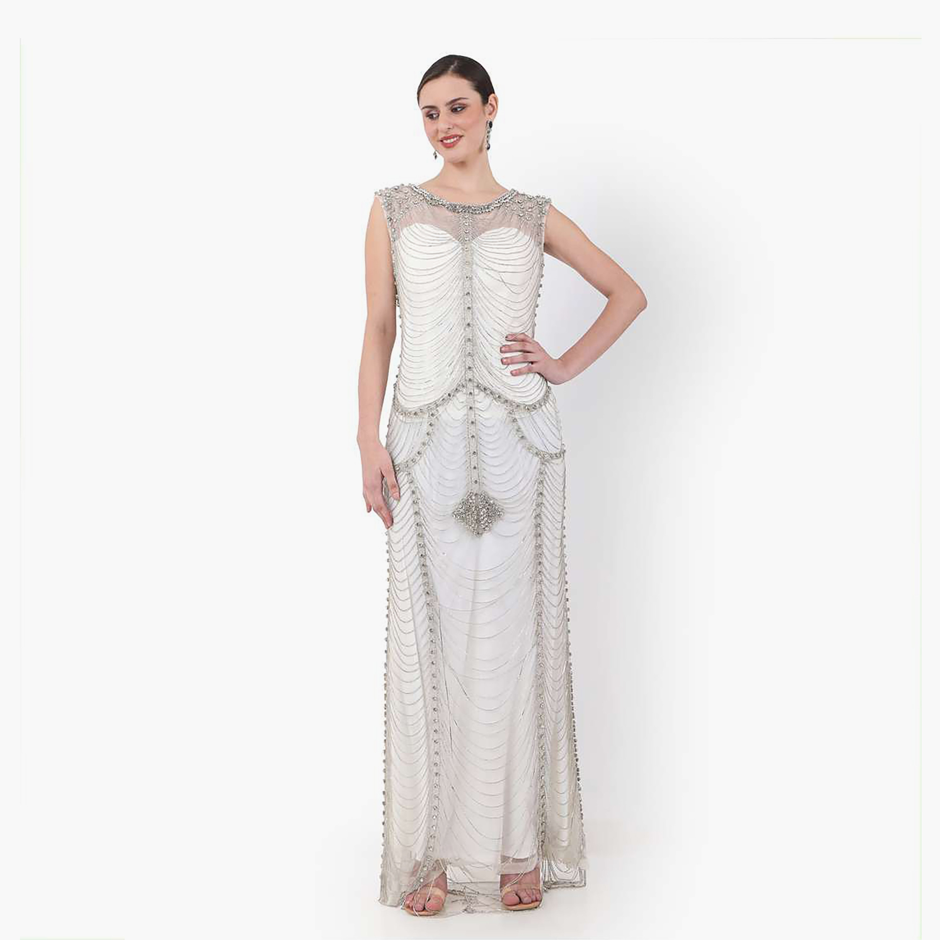 هناء وسارة جلابية نسائية بيضاء مزينة برقبة قارب للحفلات-women-clothing-dresses-image-1