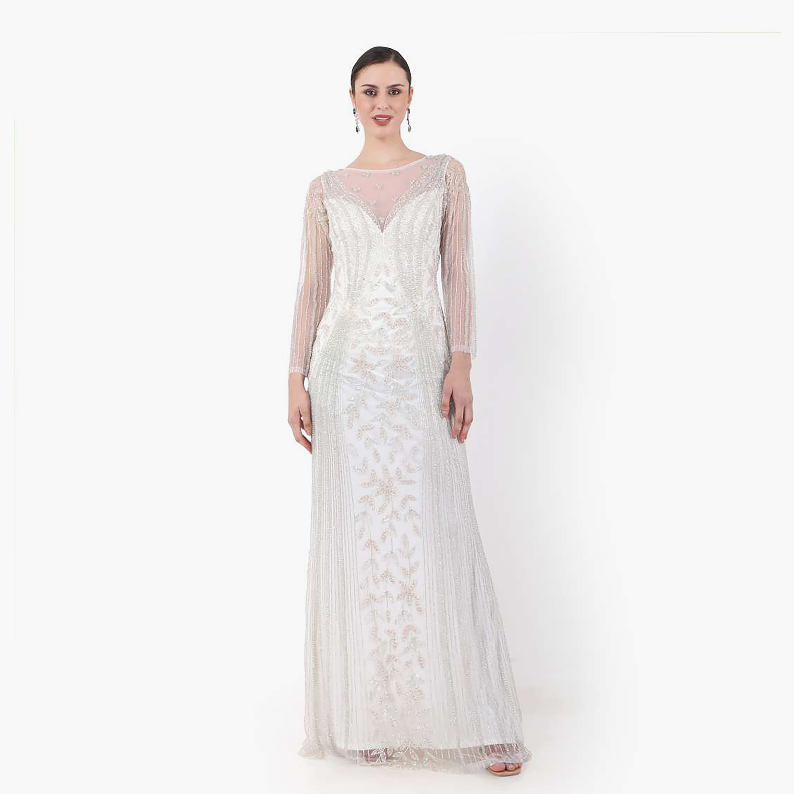 هناء وسارة جلابية نسائية بيضاء مزينة برقبة قارب للخطوبة والزفاف-women-clothing-dresses-image-1