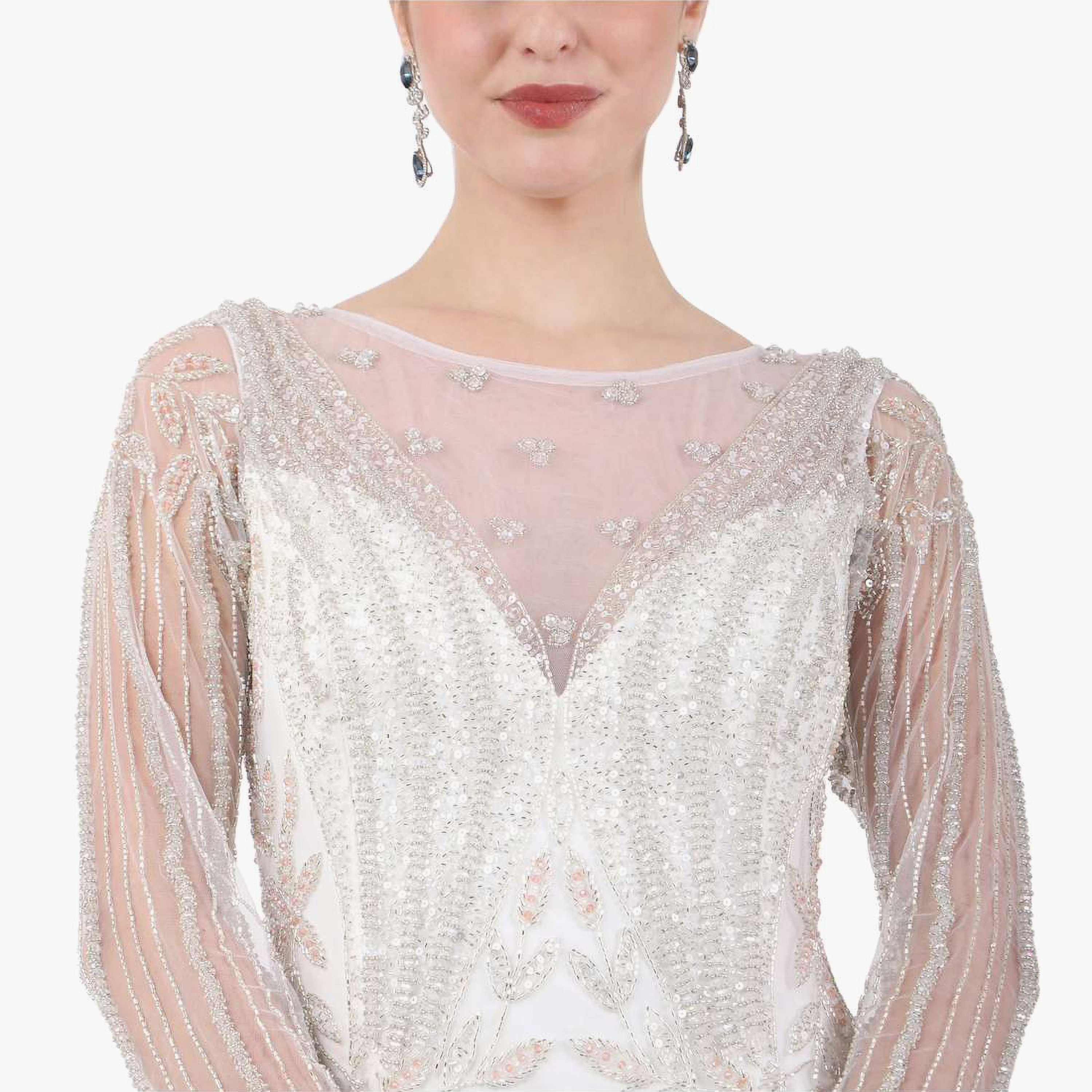 هناء وسارة جلابية نسائية بيضاء مزينة برقبة قارب للخطوبة والزفاف-women-clothing-dresses-image-2
