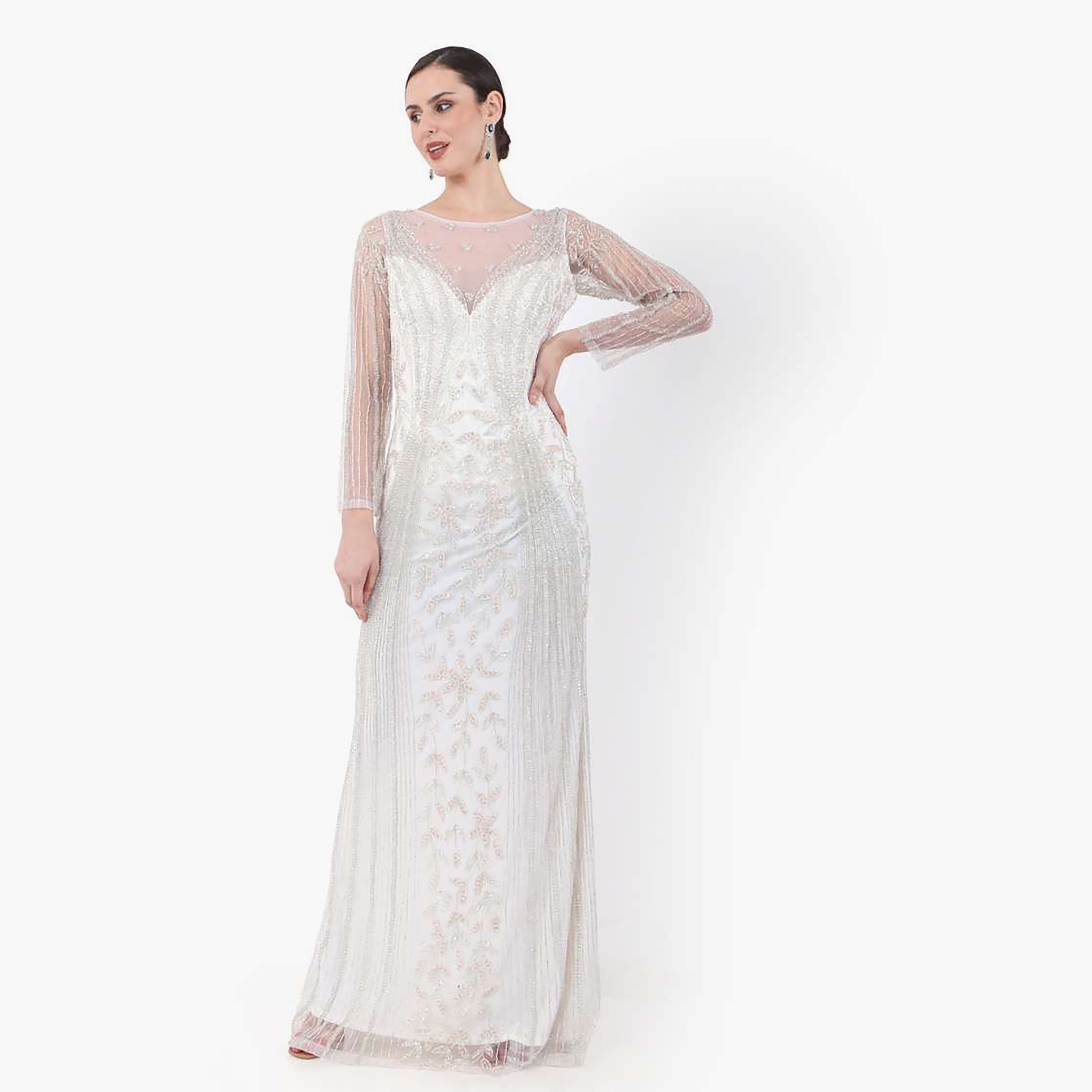 هناء وسارة جلابية نسائية بيضاء مزينة برقبة قارب للخطوبة والزفاف-women-clothing-dresses-image-3