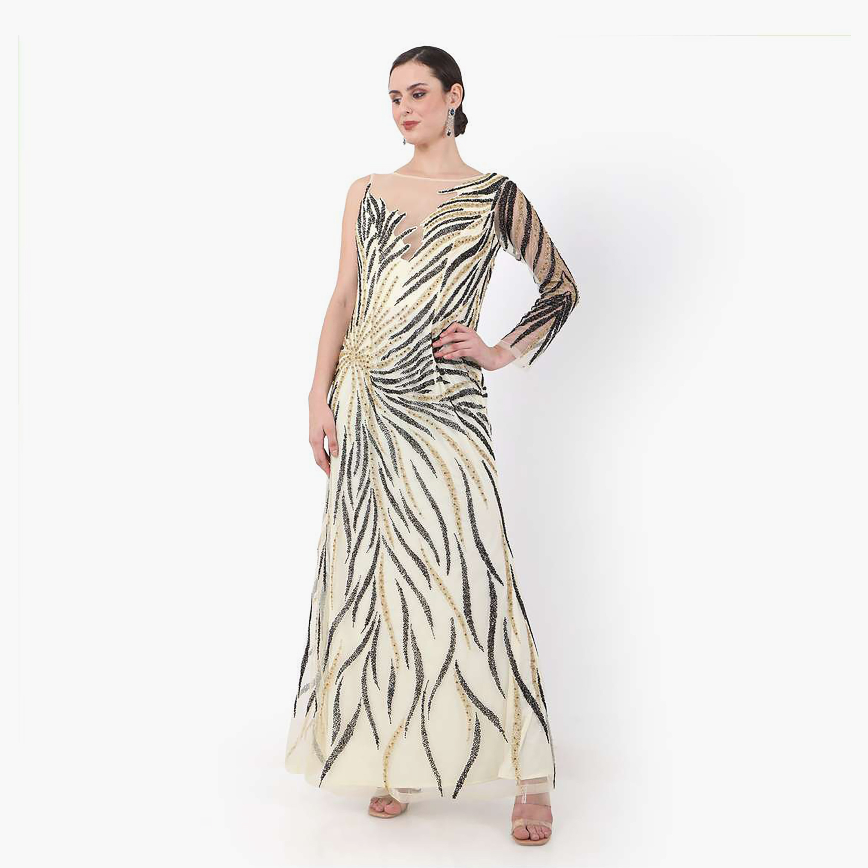 هناء وسارة جلابية نسائية مزخرفة باللون البيج وأكمام واحدة للحفلات-women-arabicclothing-jalabiyas-image-1