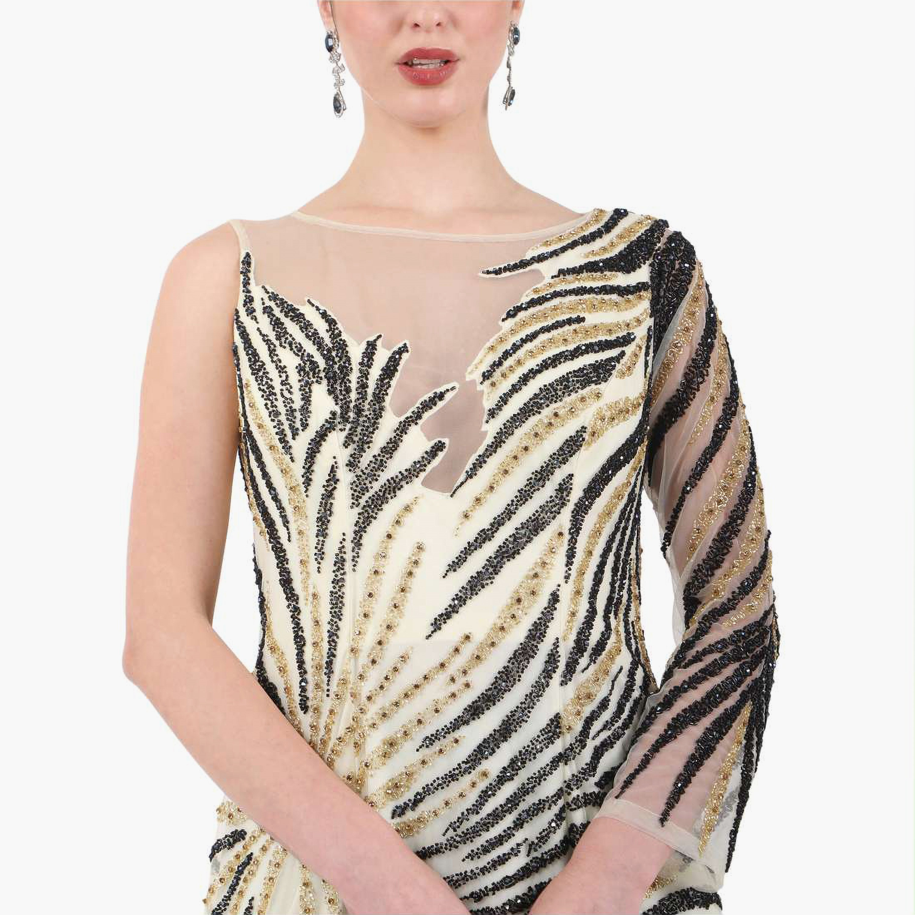 Hana & Sara Beige Embellished Boat One Sleeves Neck Party Women's Jalabiya-women-arabicclothing-jalabiyas-image-2