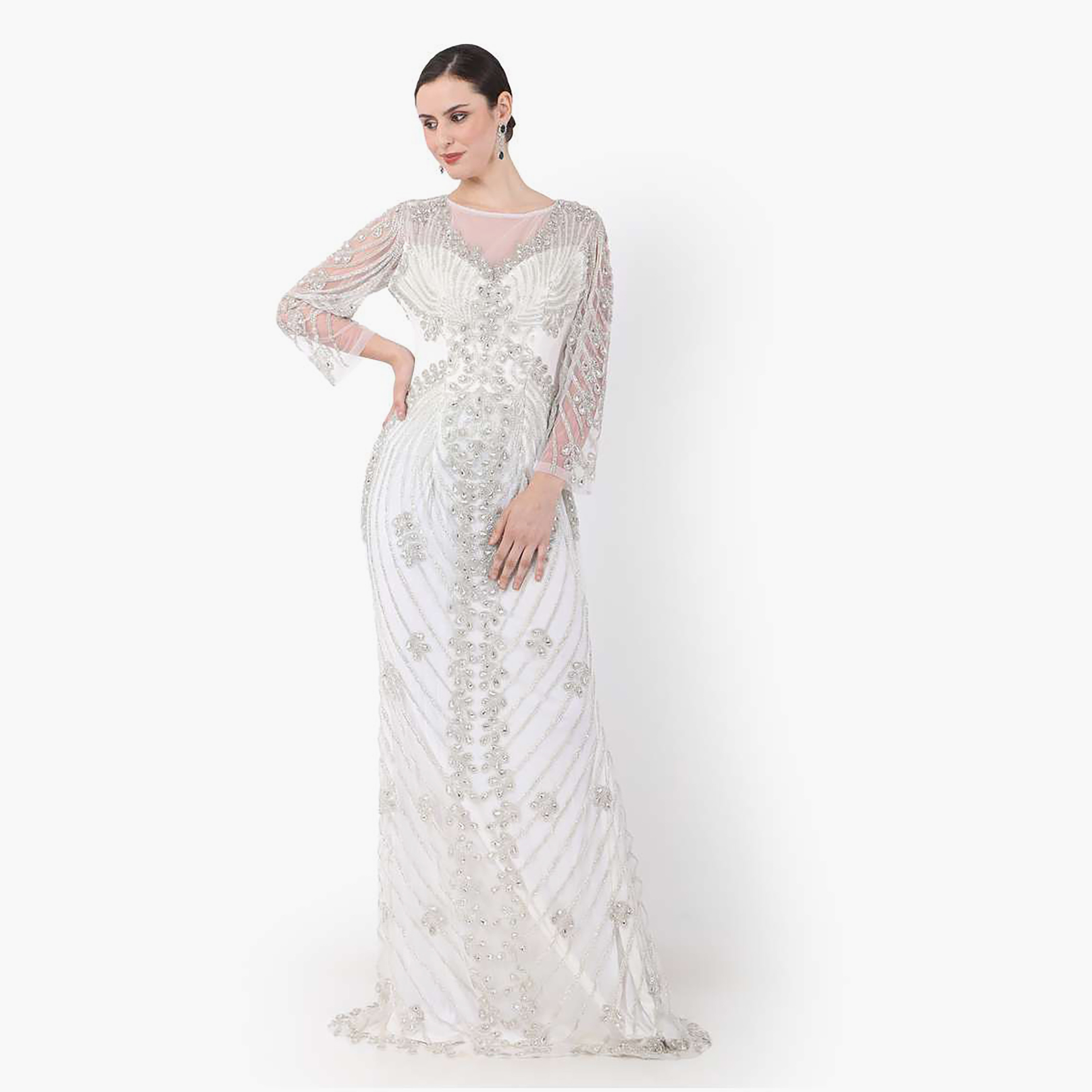 هناء وسارة جلابية نسائية بيضاء مزينة برقبة قارب للخطوبة والزفاف-women-clothing-dresses-image-1