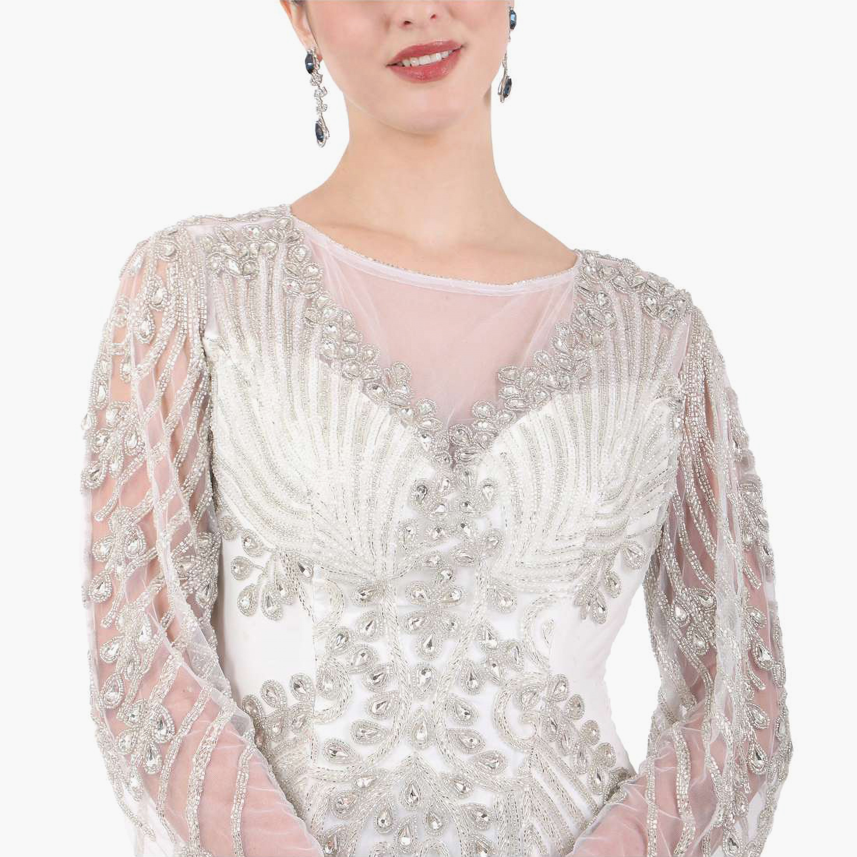 هناء وسارة جلابية نسائية بيضاء مزينة برقبة قارب للخطوبة والزفاف-women-clothing-dresses-image-2