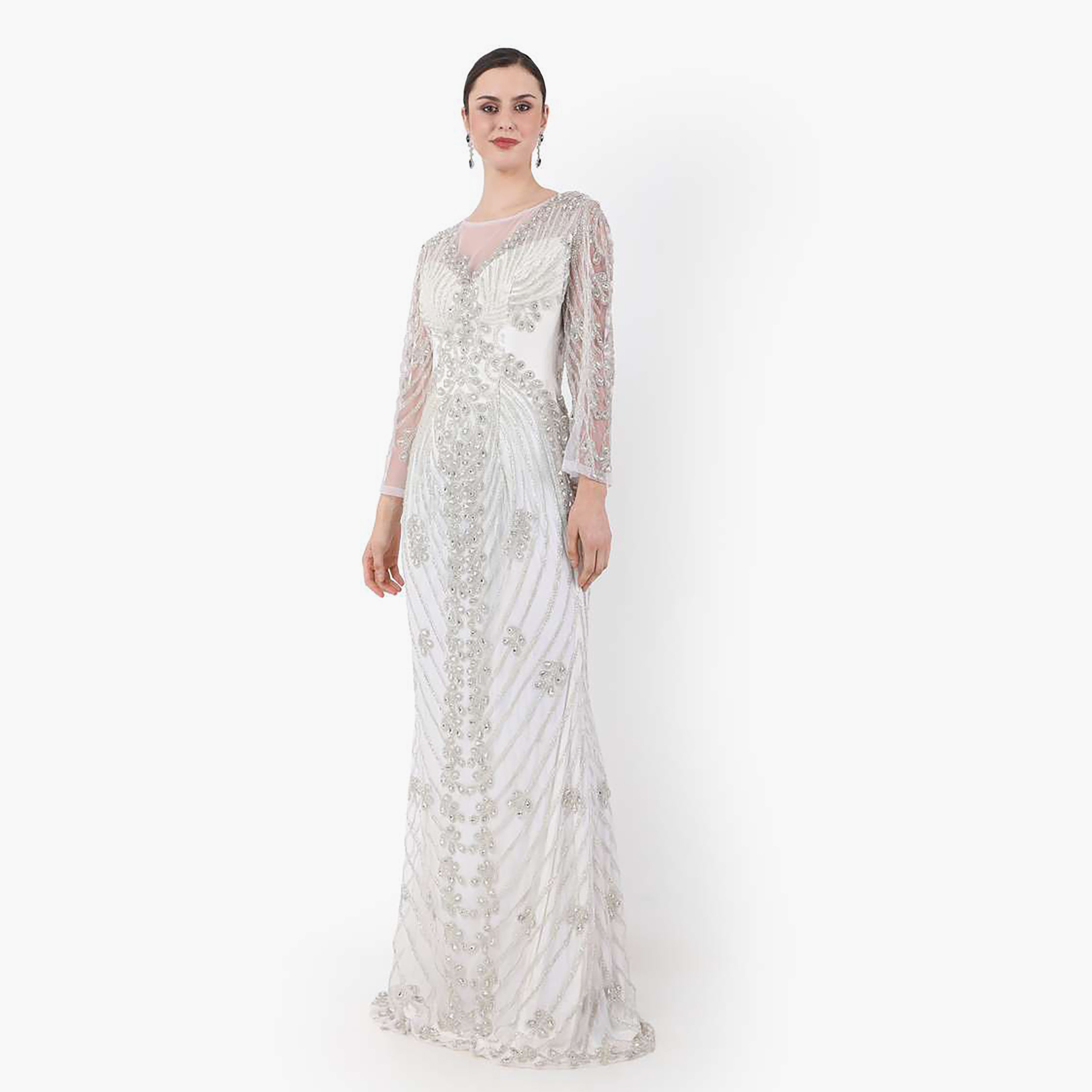 هناء وسارة جلابية نسائية بيضاء مزينة برقبة قارب للخطوبة والزفاف-women-clothing-dresses-image-3