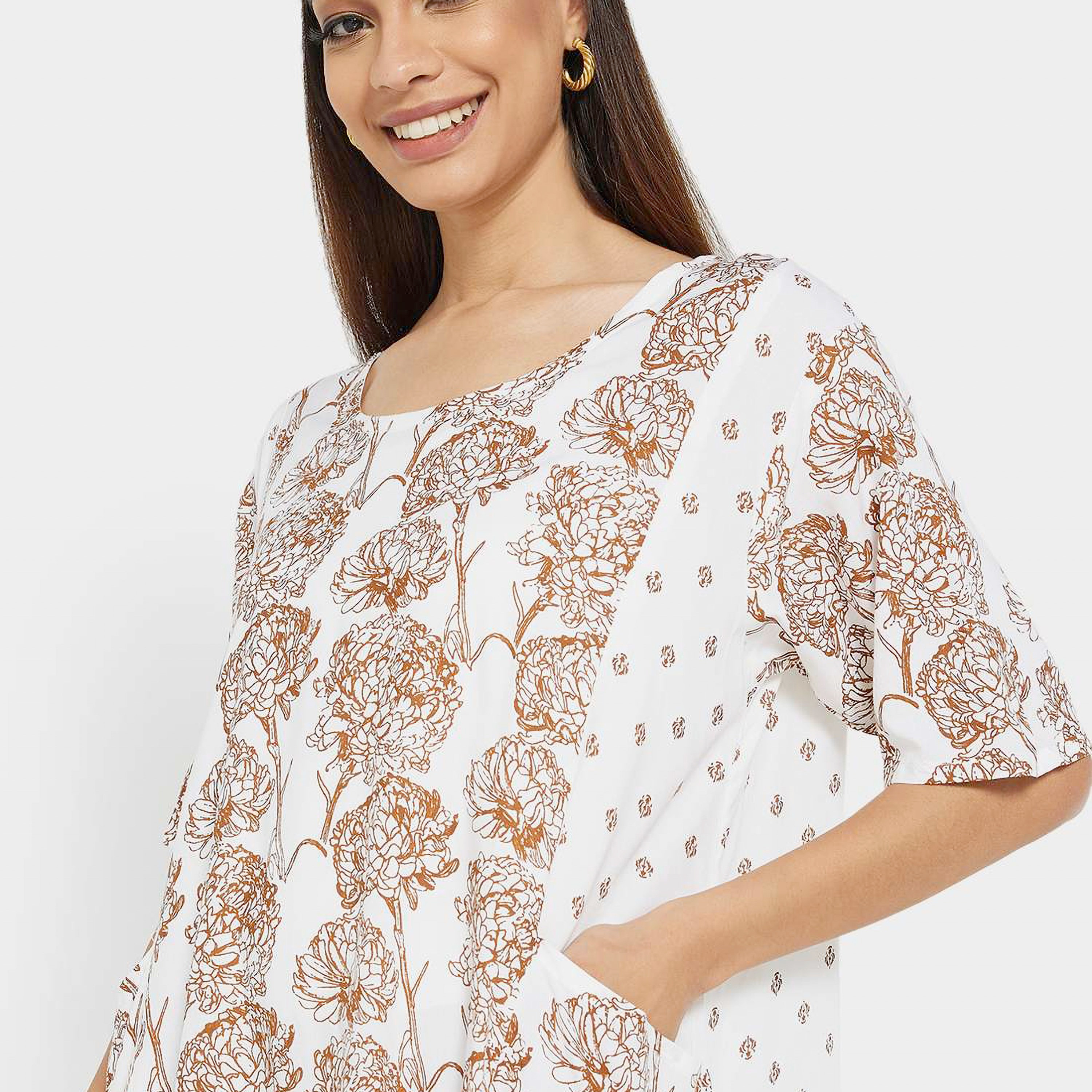 Hana & Sara White Floral Print Women's Jalabiya-women-arabicclothing-jalabiyas-image-2