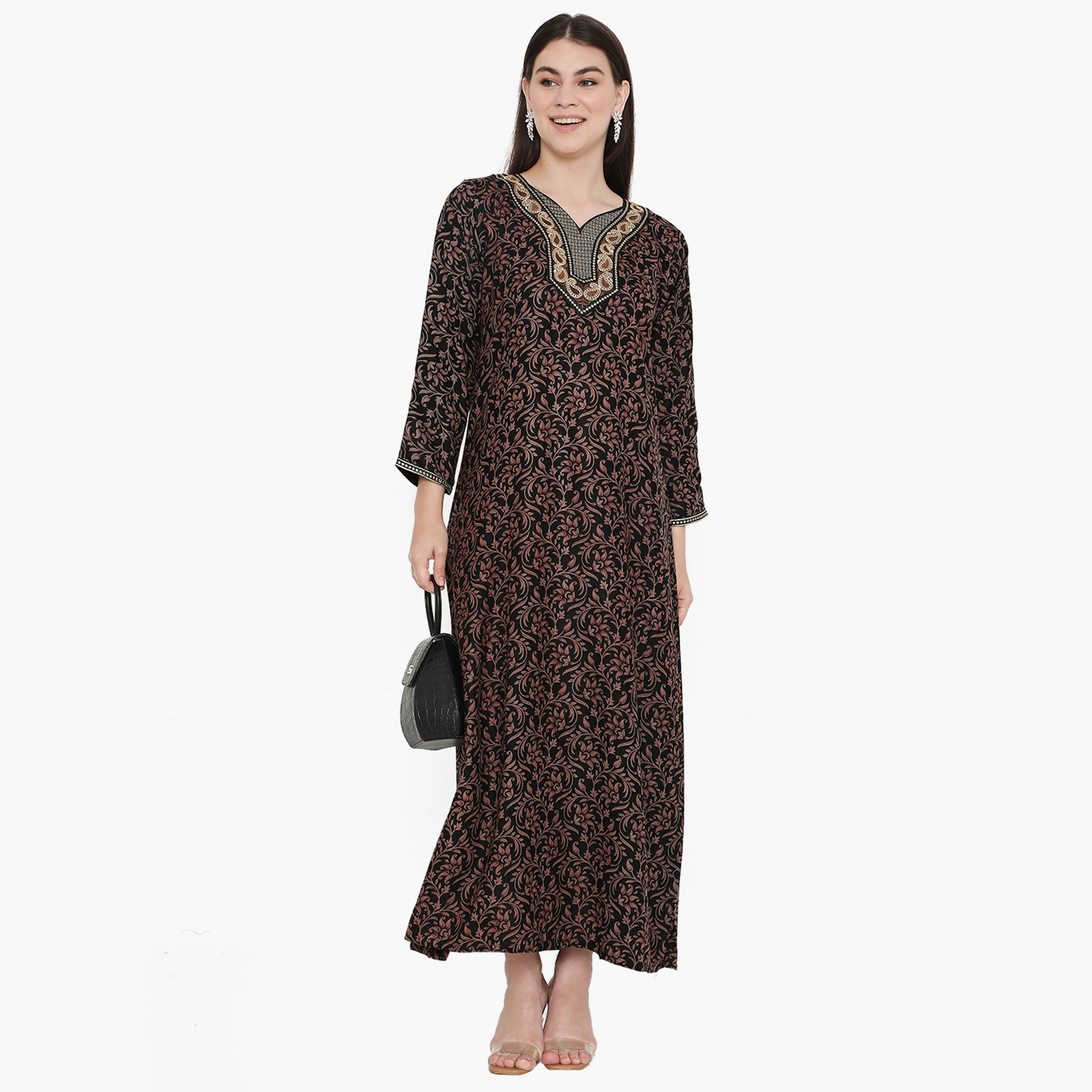 Hana & Sara All Over Print and Embroidered Yoke Women's Jalabiya-women-arabicclothing-jalabiyas-image-1