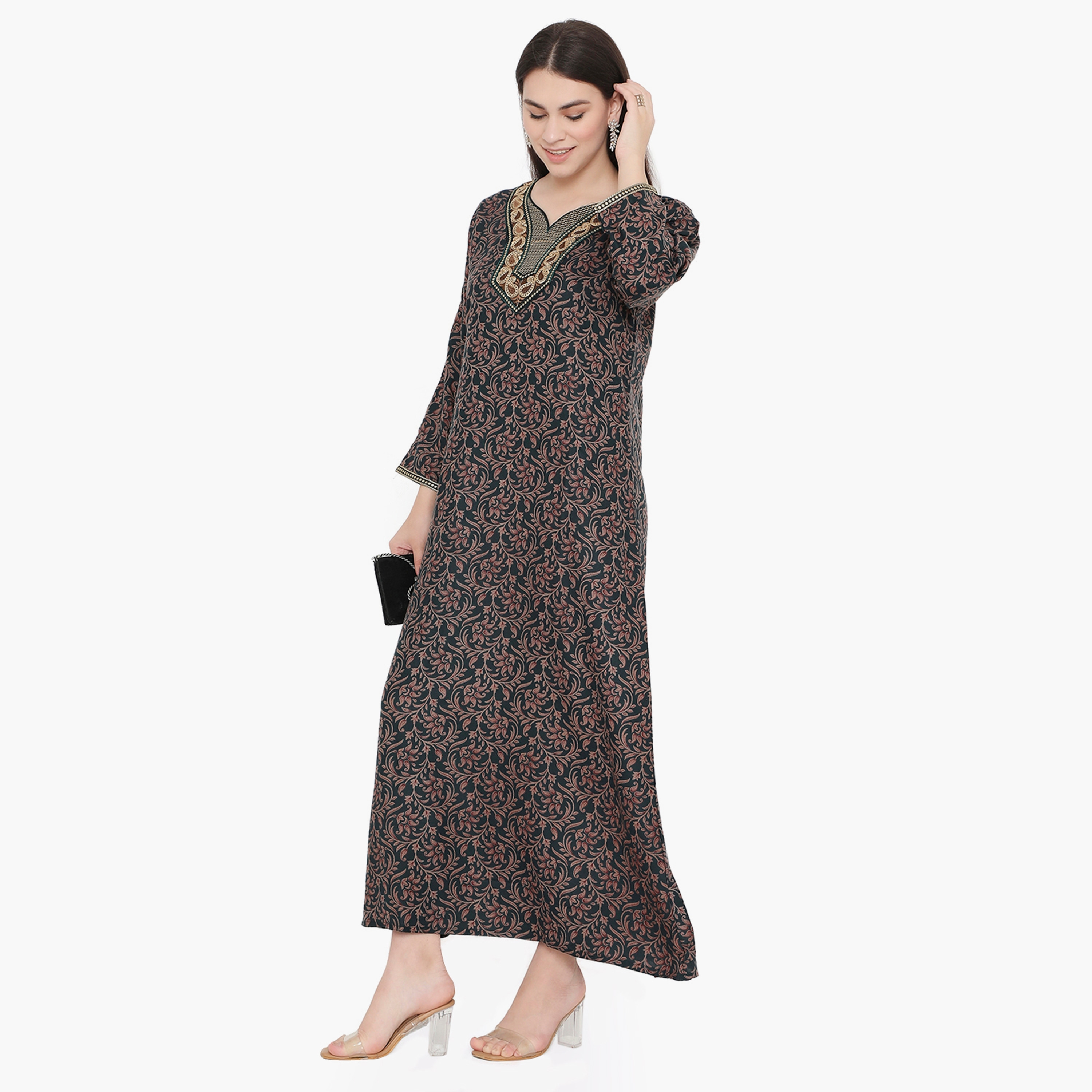 Hana & Sara All Over Print and Embroidered Yoke Women's Jalabiya-women-arabicclothing-jalabiyas-image-7