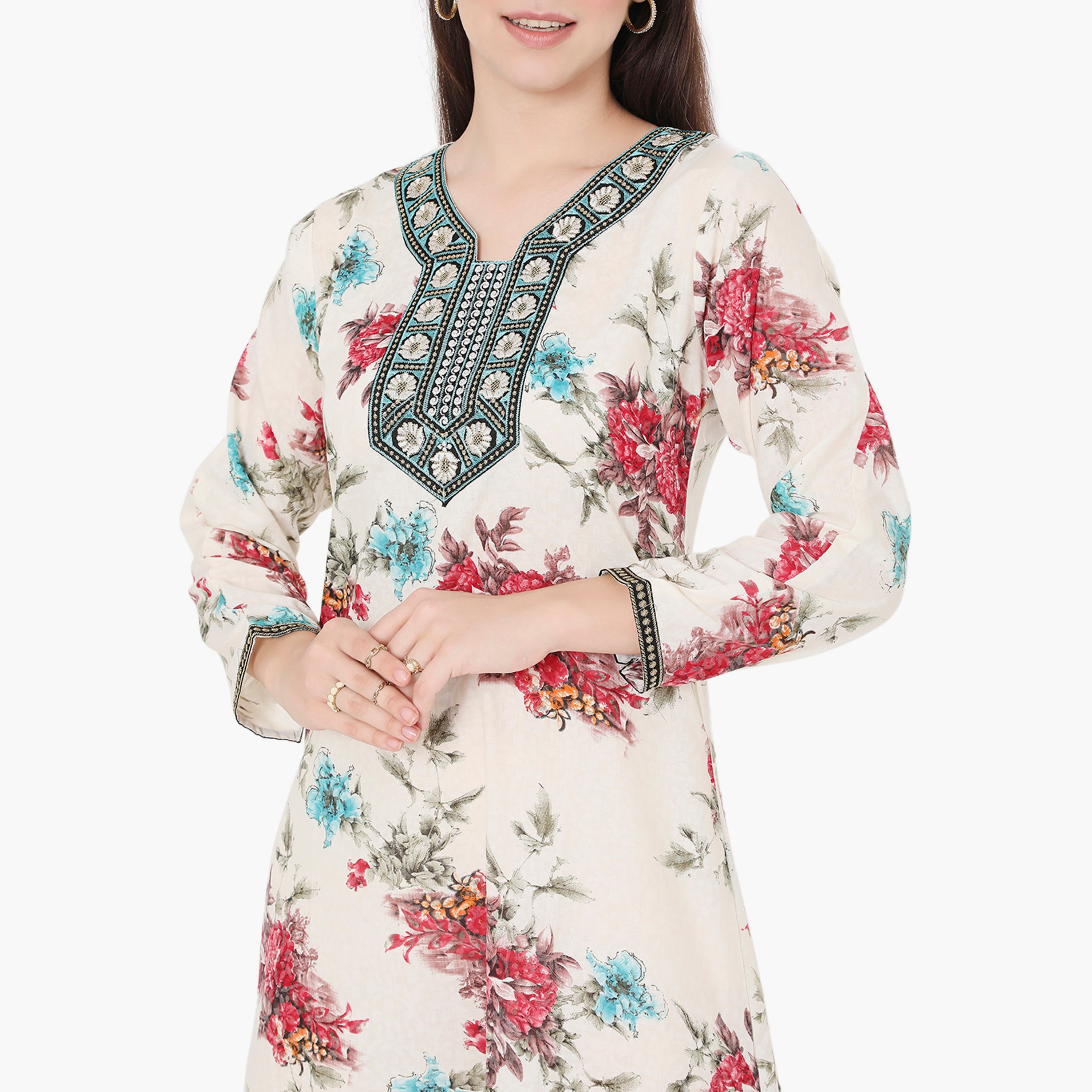 Hana & Sara Floral and Embroidered Yoke Women's Jalabiya-women-arabicclothing-jalabiyas-image-7