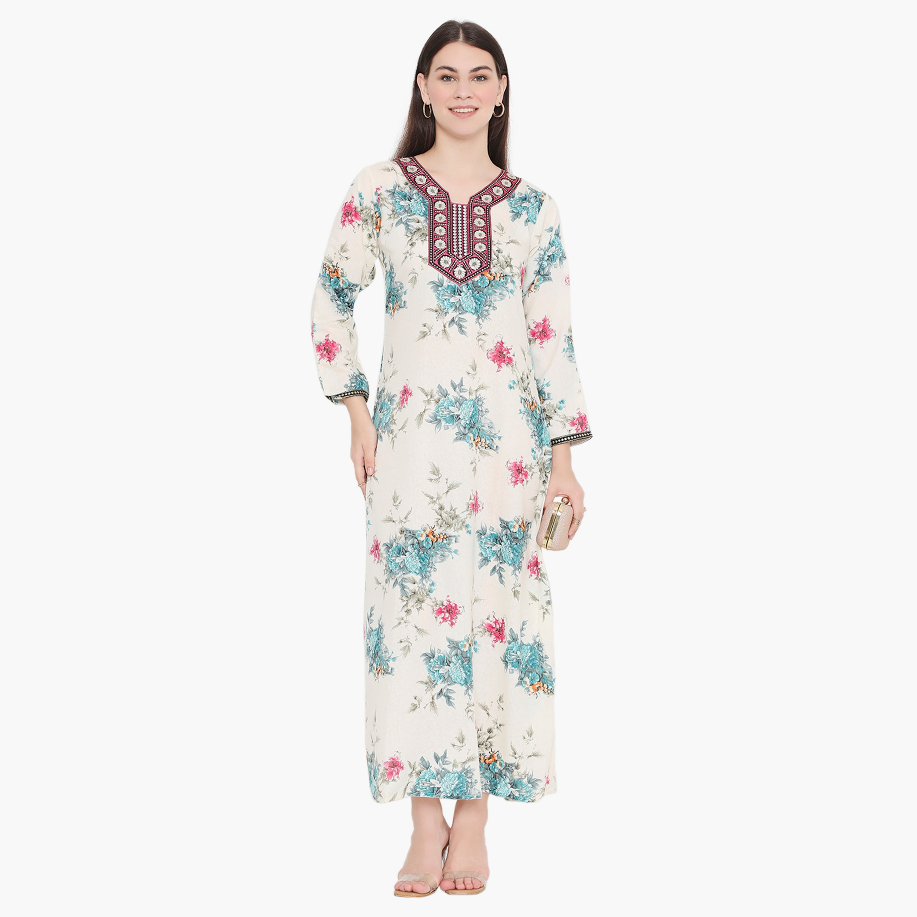 Hana & Sara Floral and Embroidered Yoke Women's Jalabiya-women-arabicclothing-jalabiyas-image-1