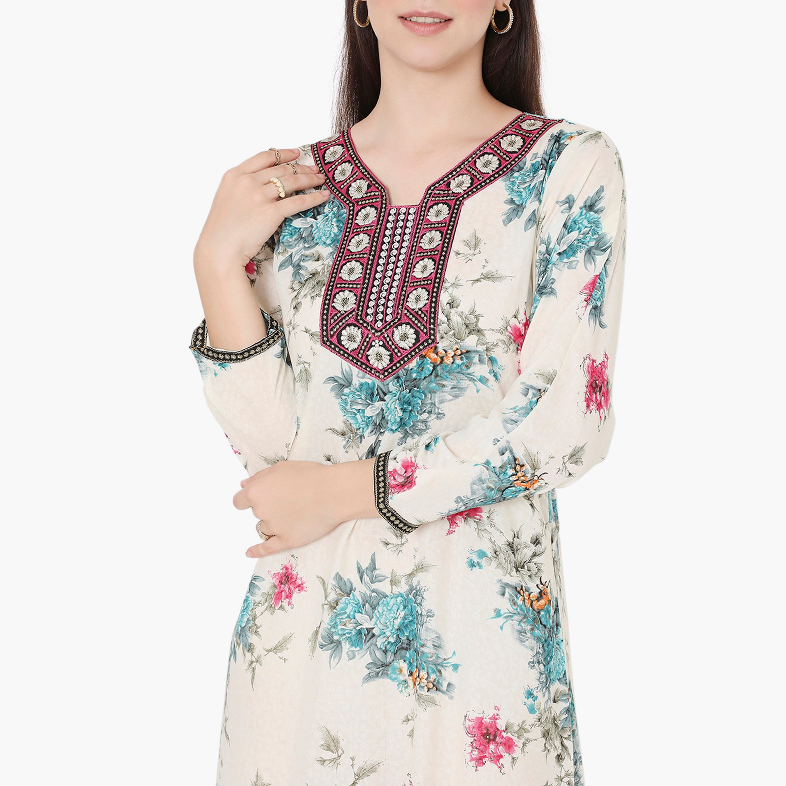 Hana & Sara Floral and Embroidered Yoke Women's Jalabiya-women-arabicclothing-jalabiyas-image-2