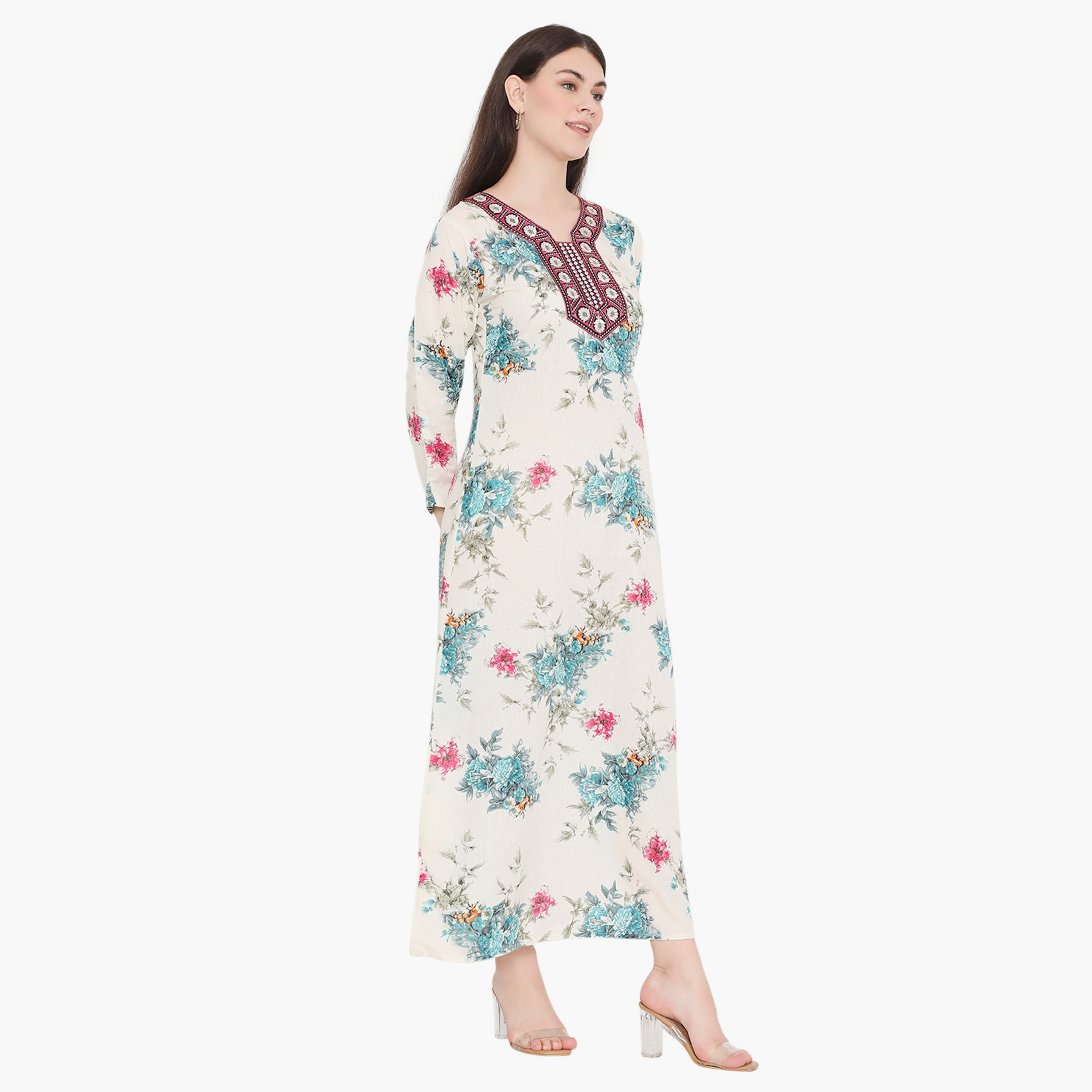 Hana & Sara Floral and Embroidered Yoke Women's Jalabiya-women-arabicclothing-jalabiyas-image-4