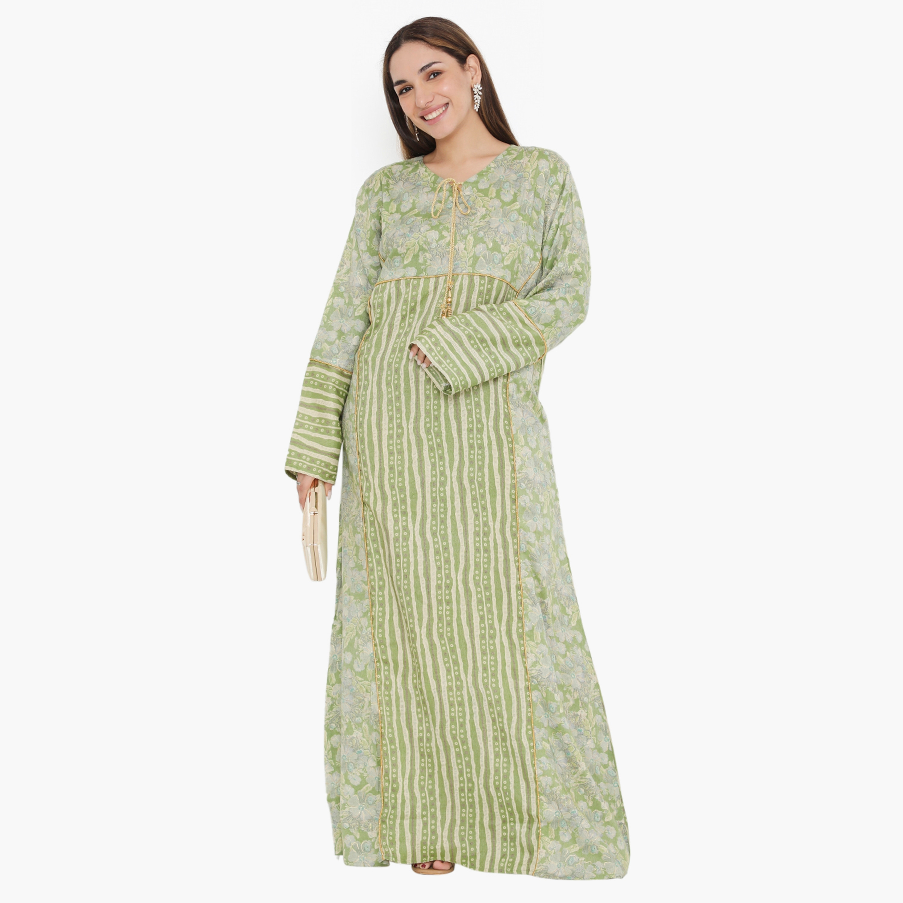 Hana & Sara Green Floral and Piping Detail Women's Jalabiya-women-arabicclothing-jalabiyas-image-1