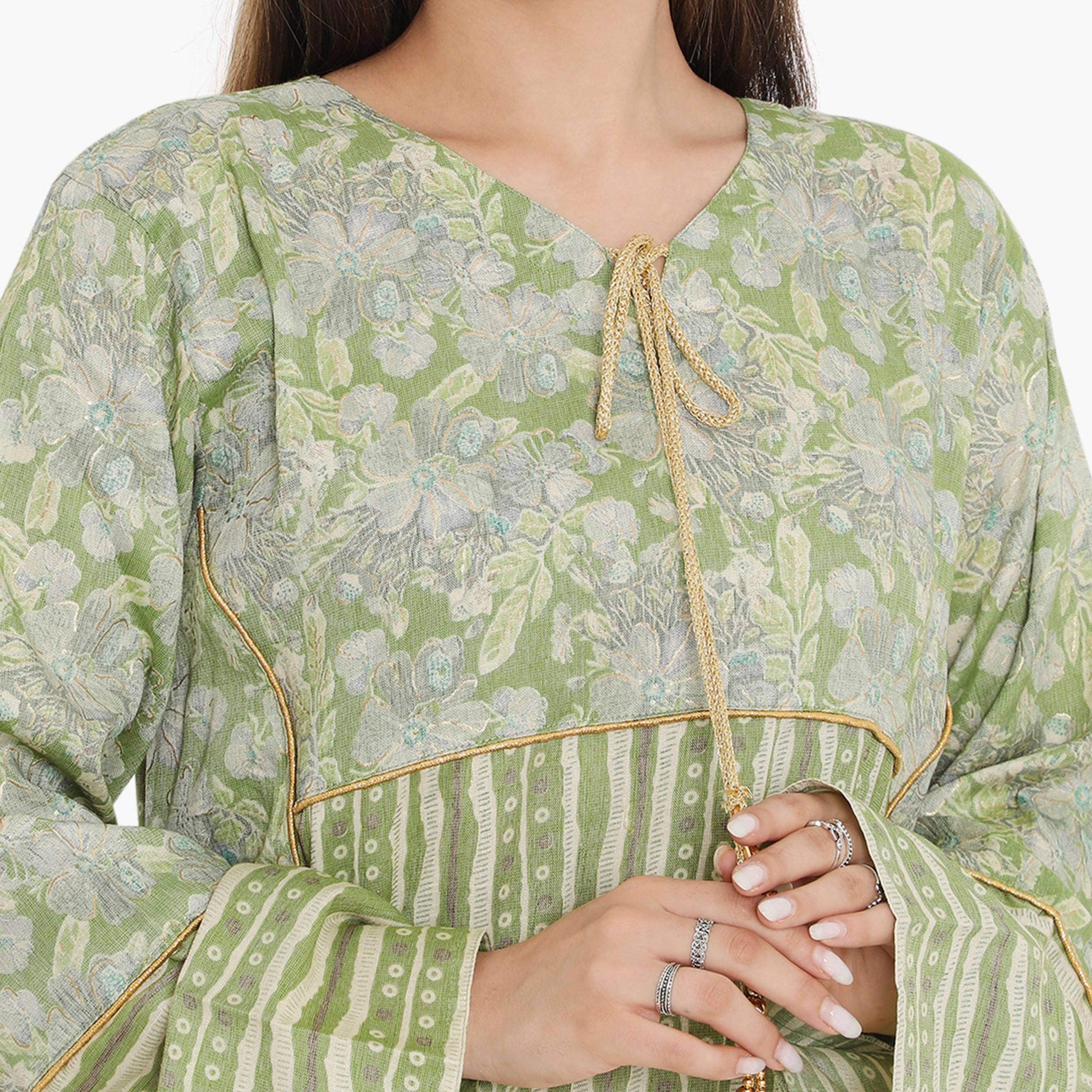 Hana & Sara Green Floral and Piping Detail Women's Jalabiya-women-arabicclothing-jalabiyas-image-2