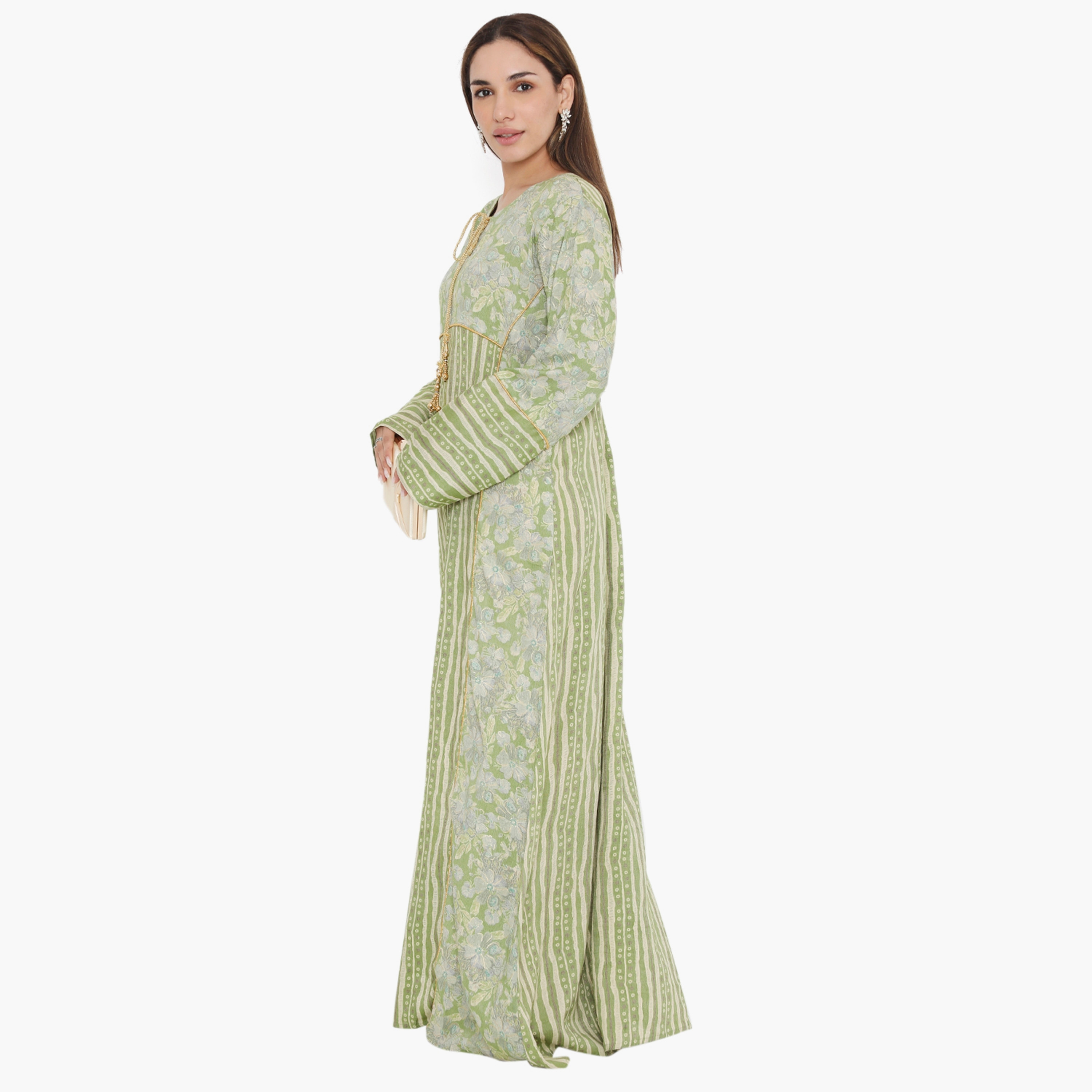 Hana & Sara Green Floral and Piping Detail Women's Jalabiya-women-arabicclothing-jalabiyas-image-3