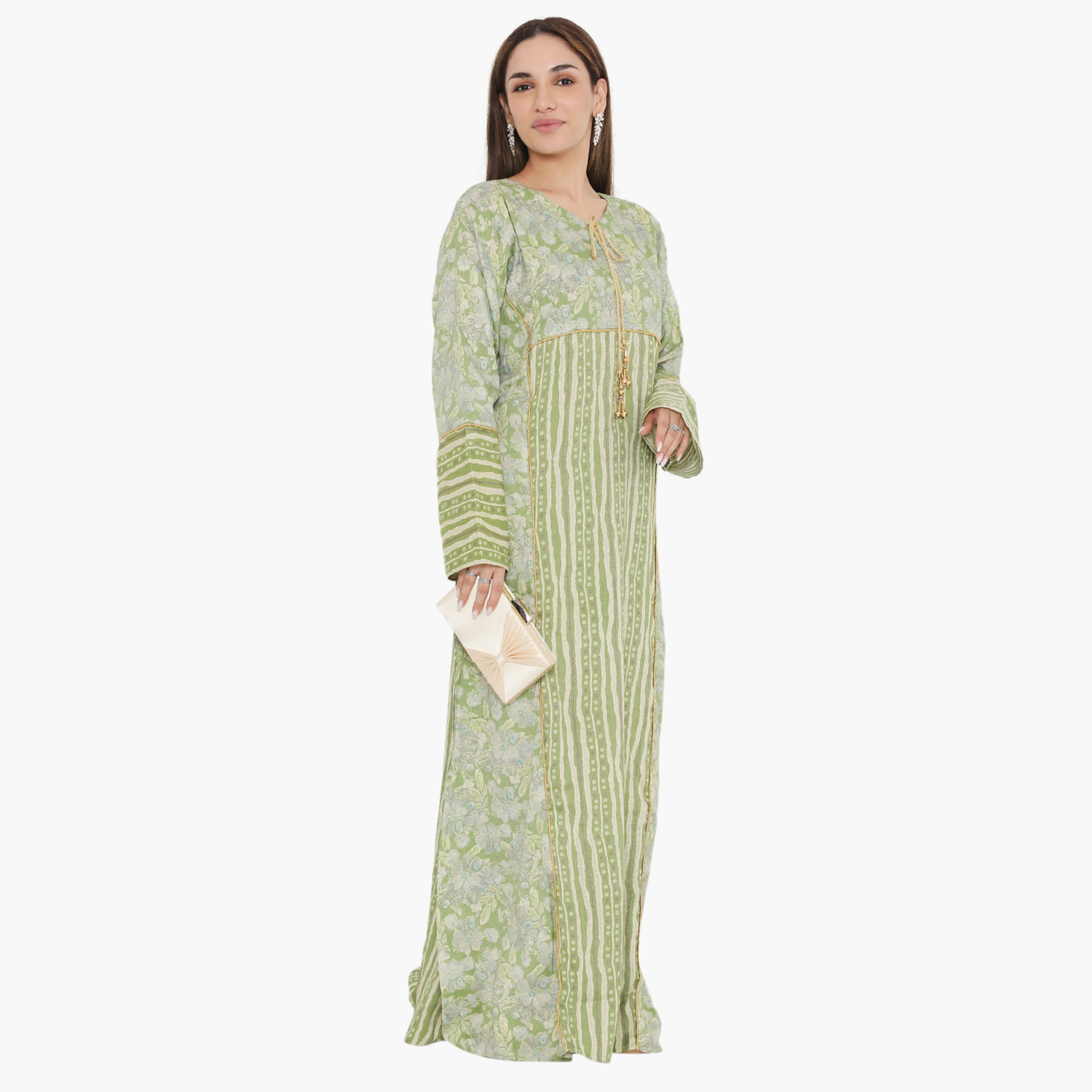 Hana & Sara Green Floral and Piping Detail Women's Jalabiya-women-arabicclothing-jalabiyas-image-4