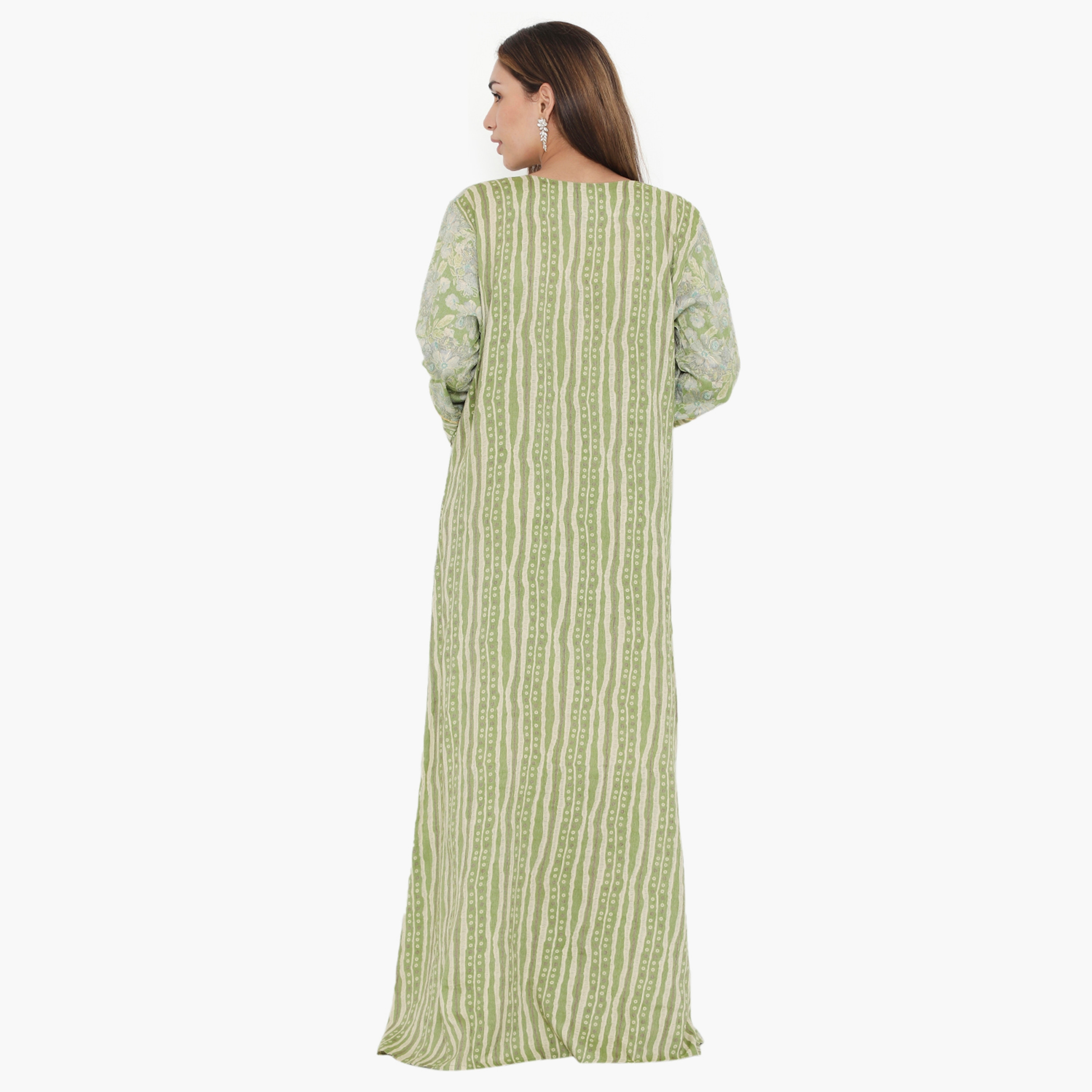 جلابية نسائية من هناء وسارة باللون الأخضر ذات مزينة بالورود والخطوط-women-arabicclothing-jalabiyas-image-5