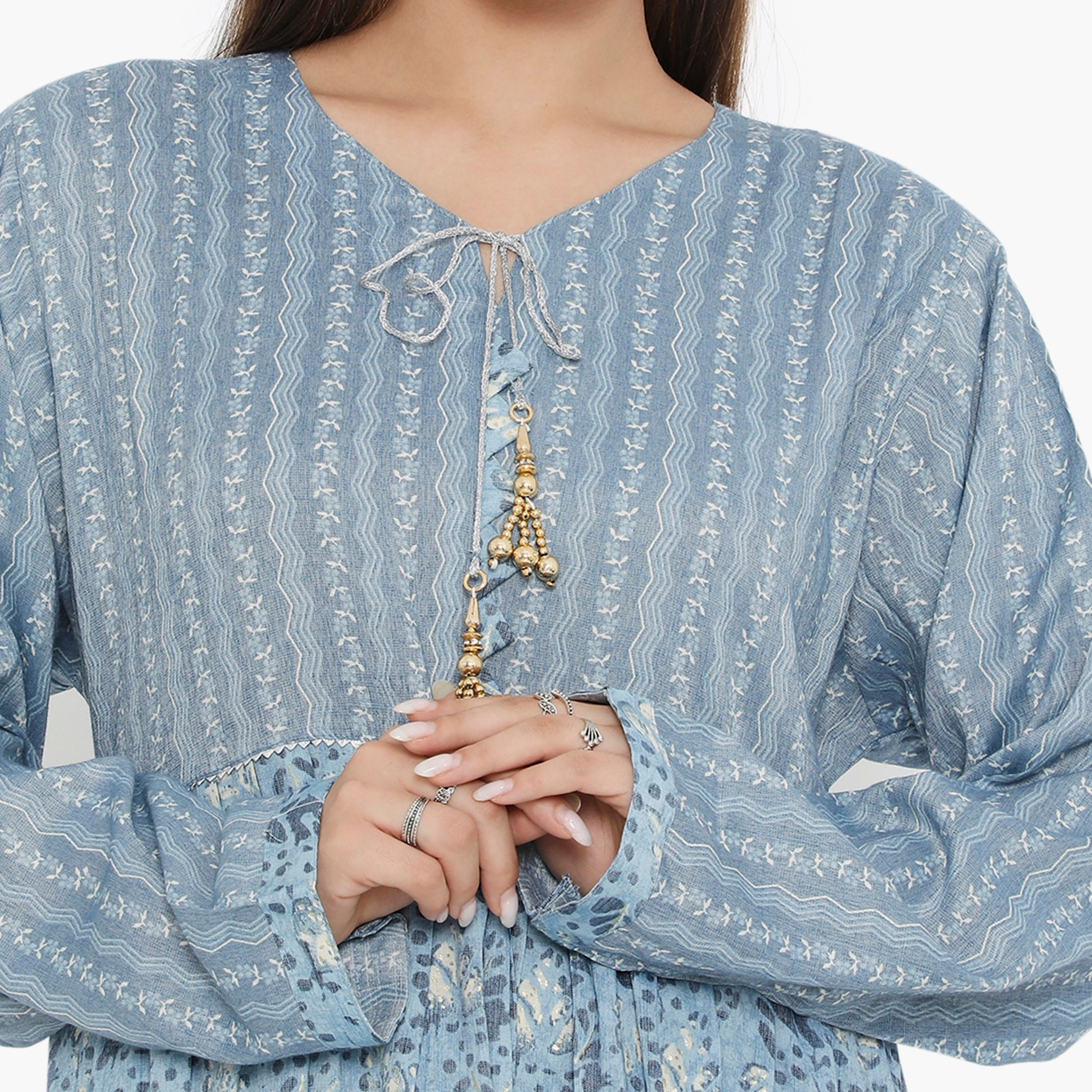 Hana & Sara All Over Print and Pleated Women's Jalabiya-women-arabicclothing-jalabiyas-image-2