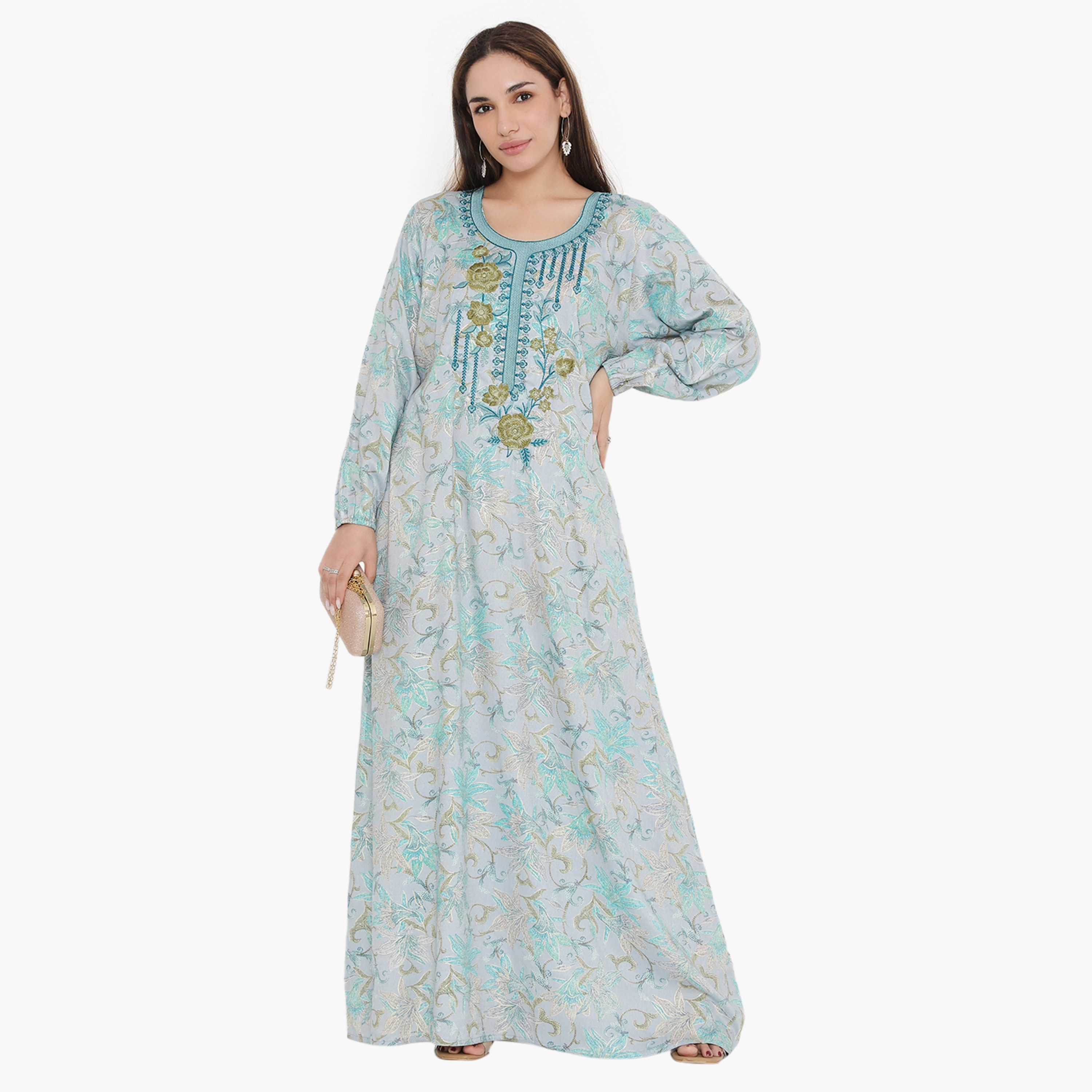 جلابية نسائية مطرزة بطبعة كاملة ومطرزة ذات يوك مع الكفة المرنة من هناء وسارة-women-arabicclothing-jalabiyas-image-1