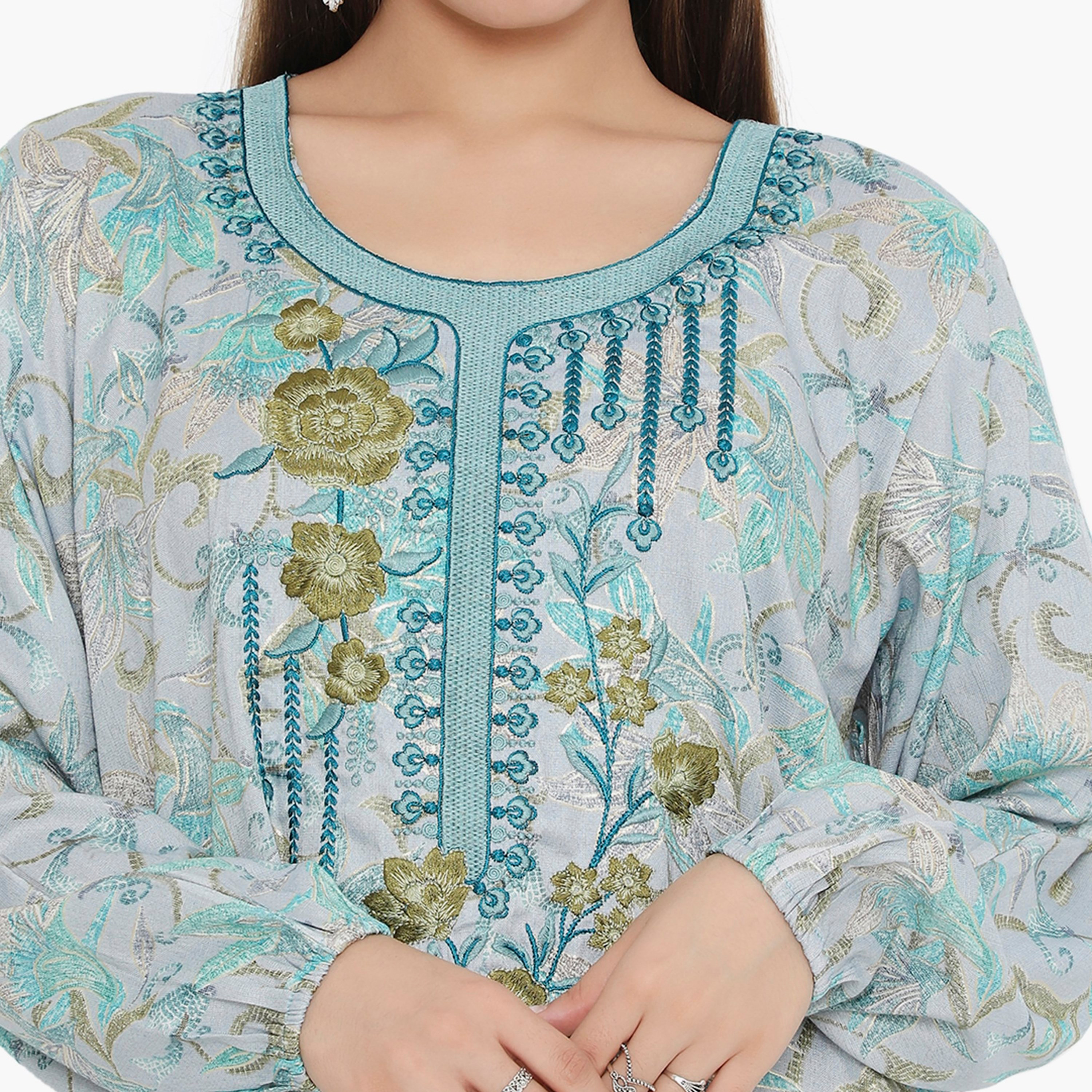 Hana & Sara Elastic Cuff All Over Print and Embroidered Yoke Women's Jalabiya-women-arabicclothing-jalabiyas-image-2