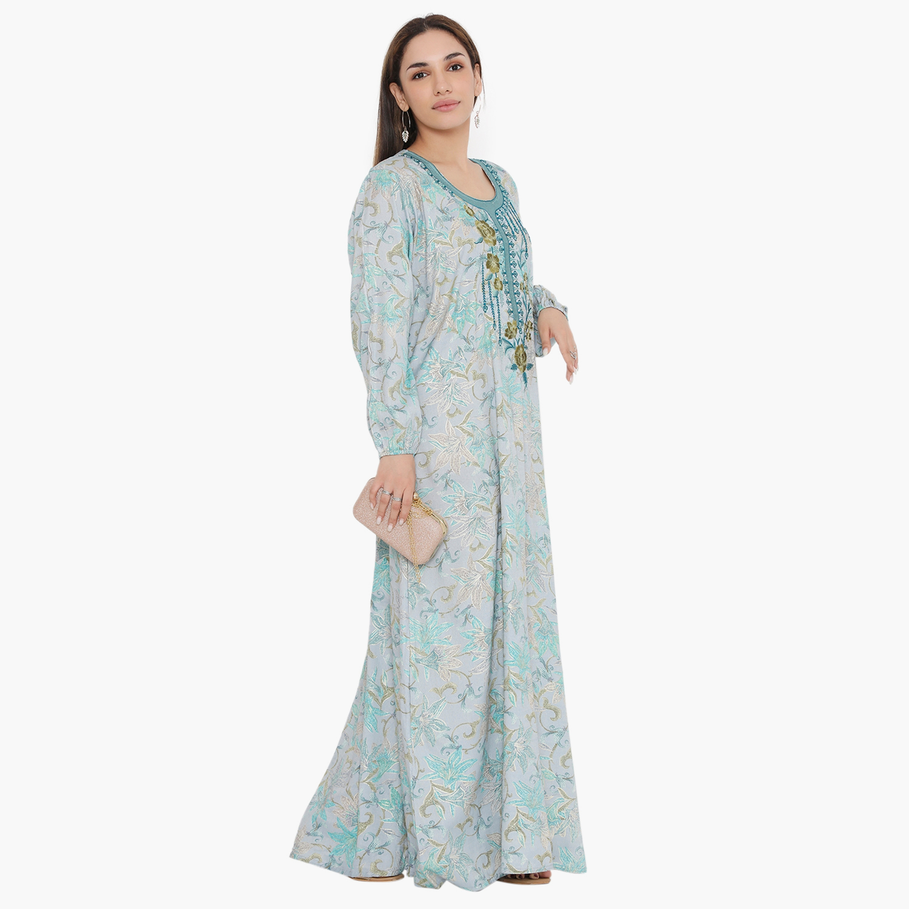 جلابية نسائية مطرزة بطبعة كاملة ومطرزة ذات يوك مع الكفة المرنة من هناء وسارة-women-arabicclothing-jalabiyas-image-4