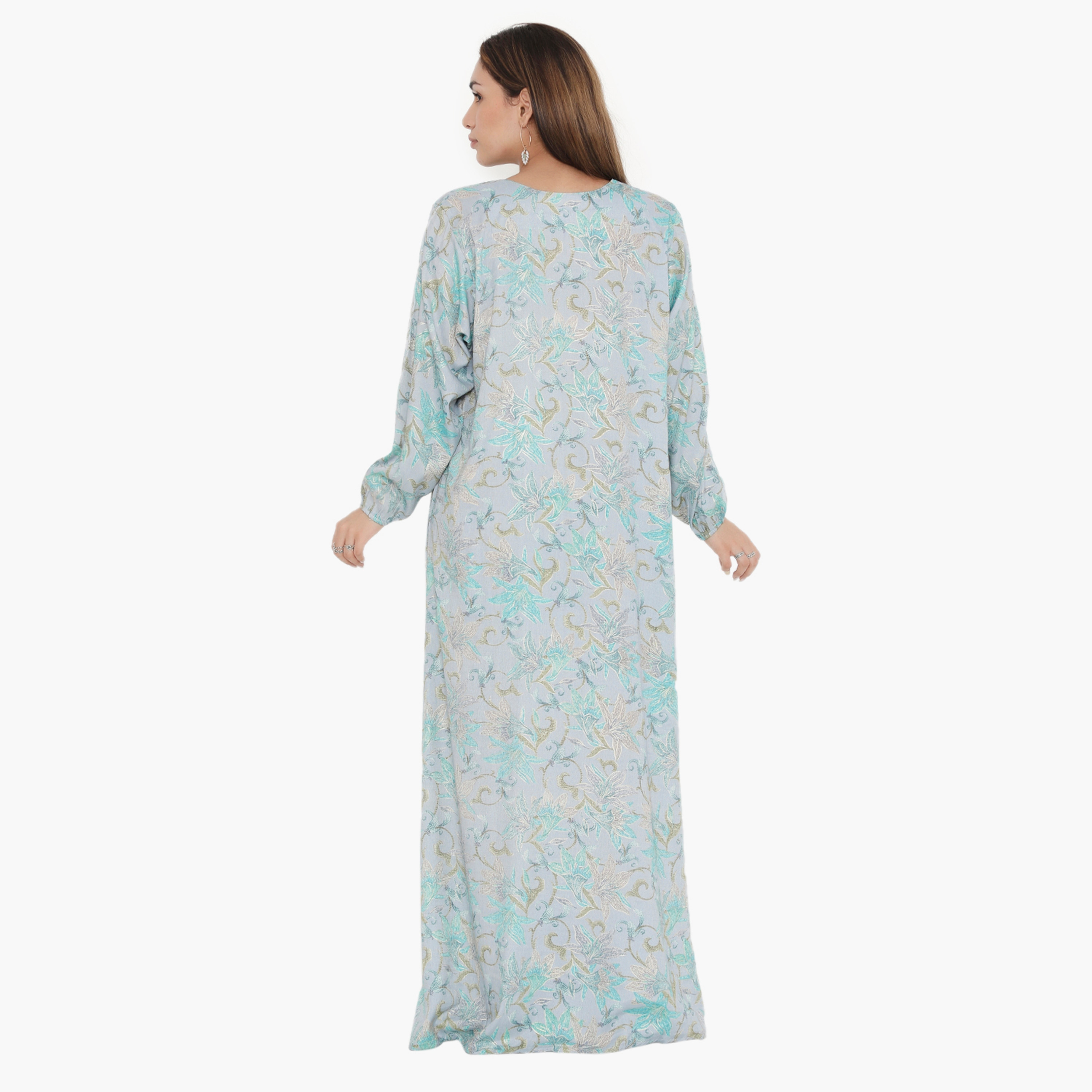 Hana & Sara Elastic Cuff All Over Print and Embroidered Yoke Women's Jalabiya-women-arabicclothing-jalabiyas-image-5