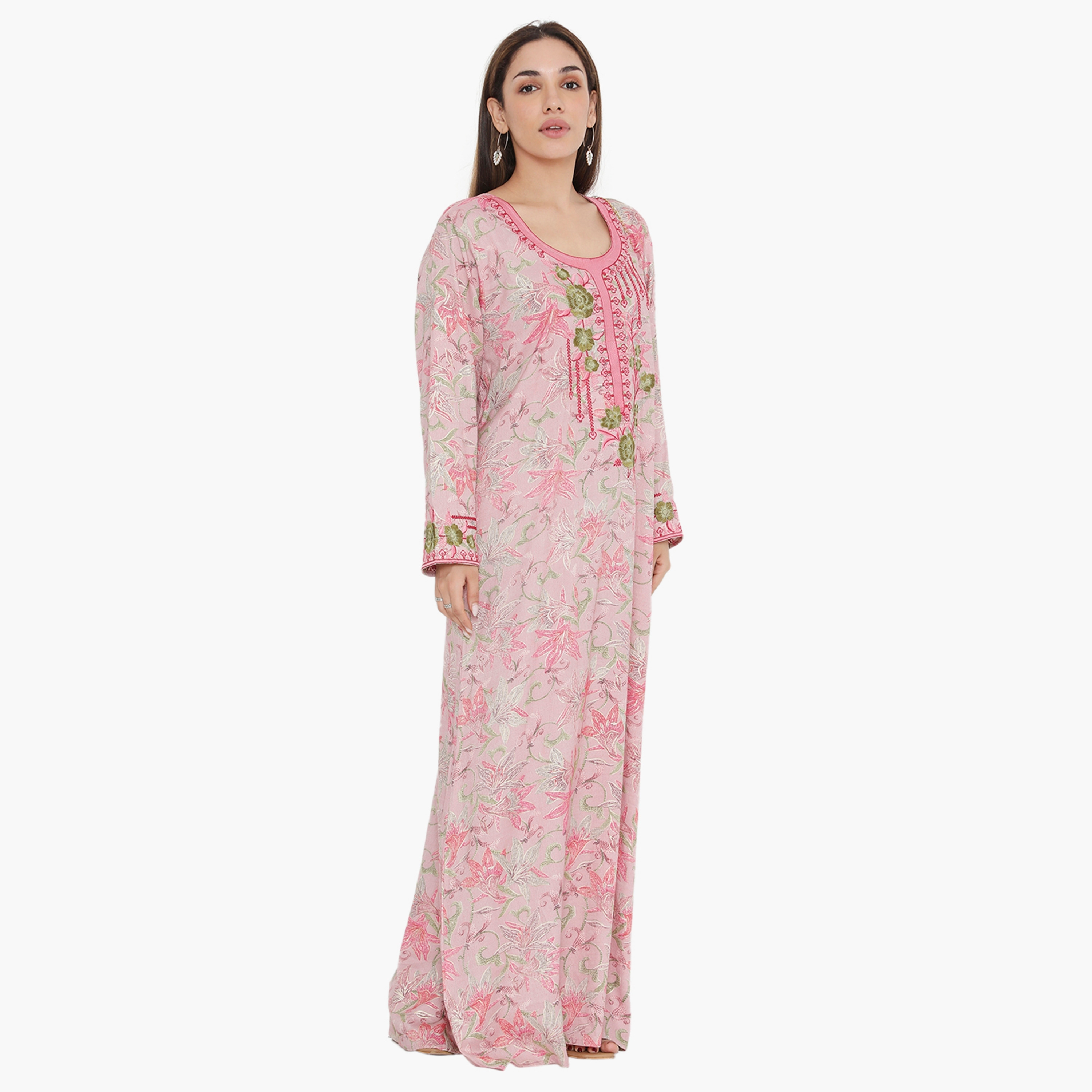 Hana & Sara Elastic Cuff All Over Print and Embroidered Yoke Women's Jalabiya-women-arabicclothing-jalabiyas-image-6