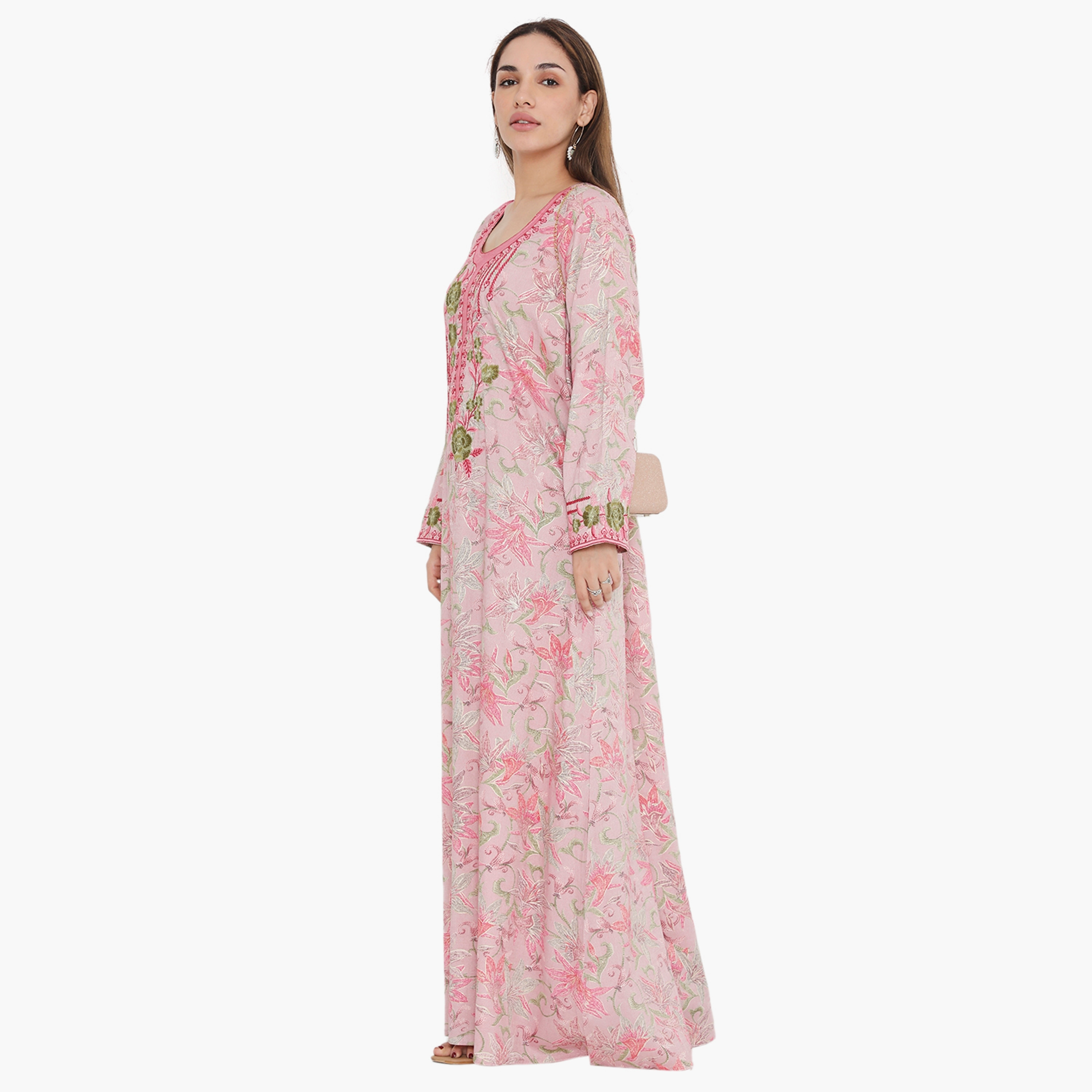 Hana & Sara Elastic Cuff All Over Print and Embroidered Yoke Women's Jalabiya-women-arabicclothing-jalabiyas-image-8