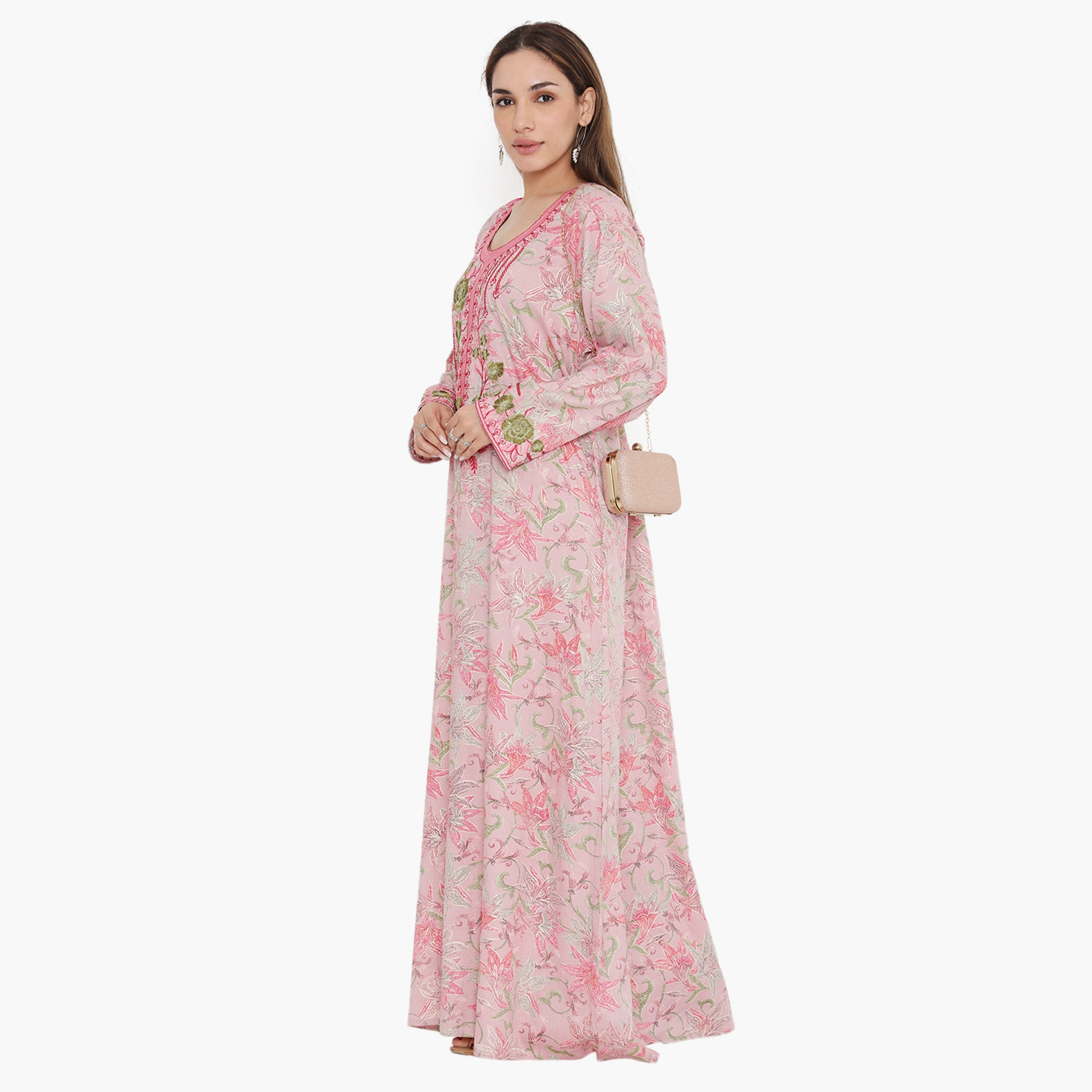 Hana & Sara Elastic Cuff All Over Print and Embroidered Yoke Women's Jalabiya-women-arabicclothing-jalabiyas-image-9