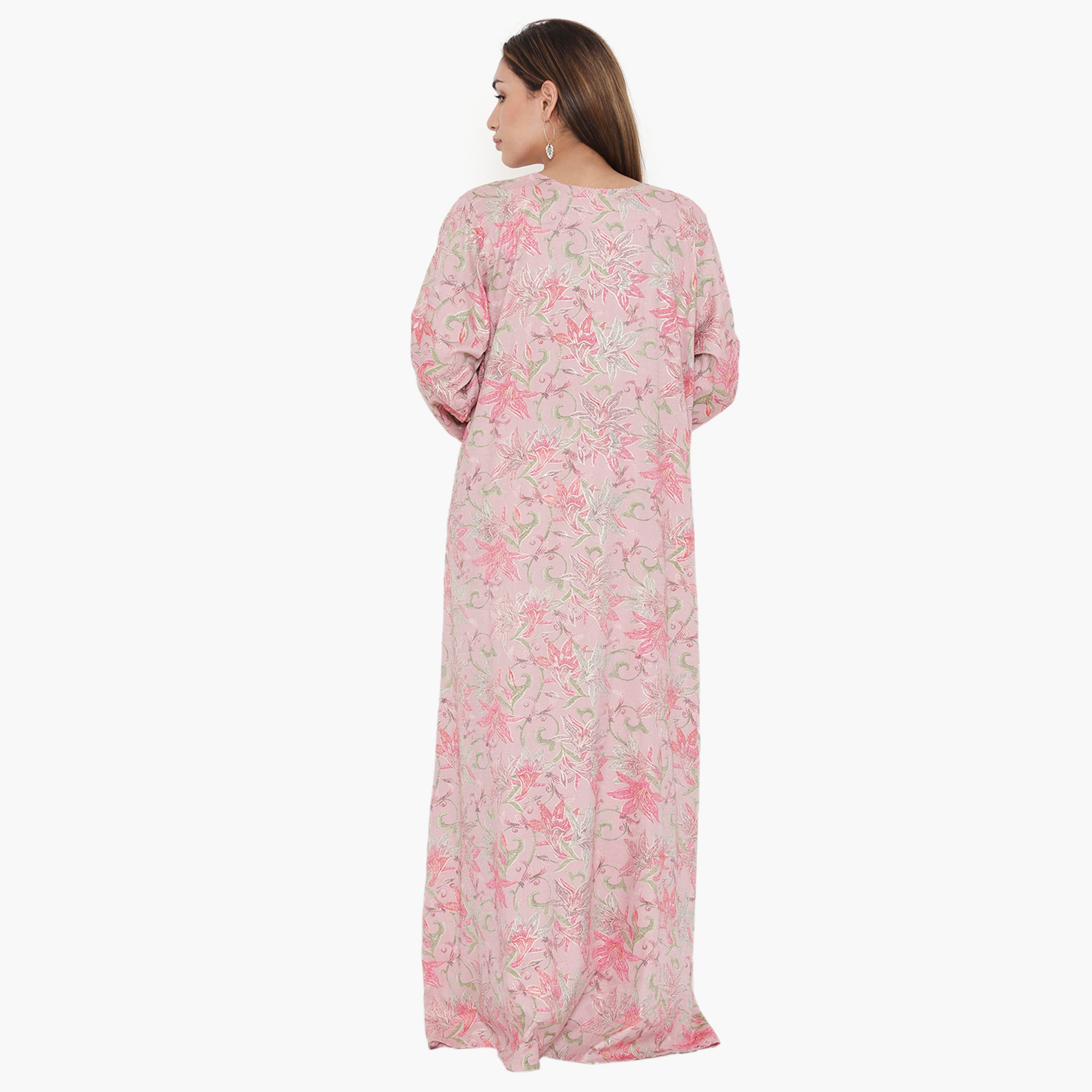 Hana & Sara Elastic Cuff All Over Print and Embroidered Yoke Women's Jalabiya-women-arabicclothing-jalabiyas-image-10