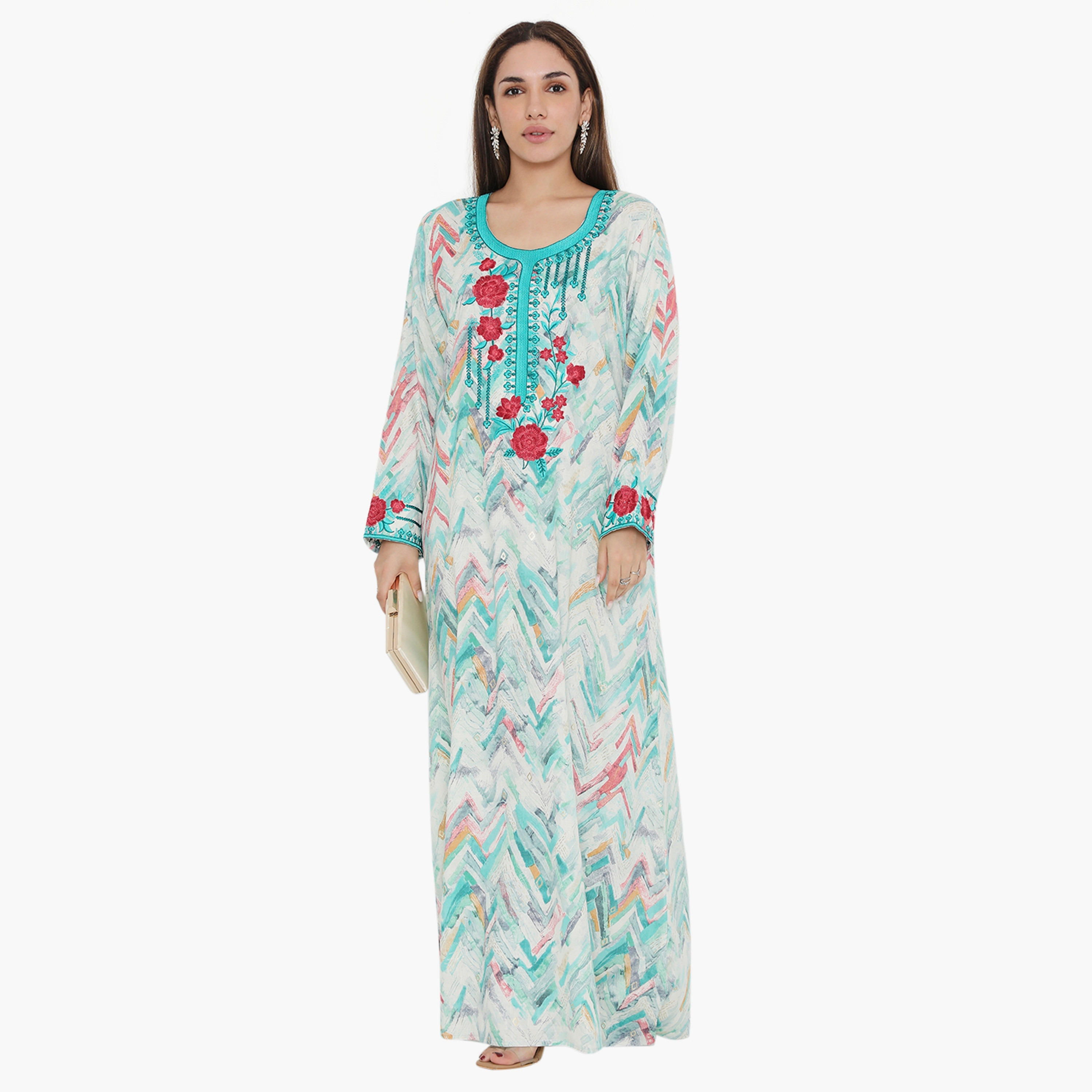 Hana & Sara Printed and Embroidered Yoke Women's Jalabiya-women-arabicclothing-jalabiyas-image-1