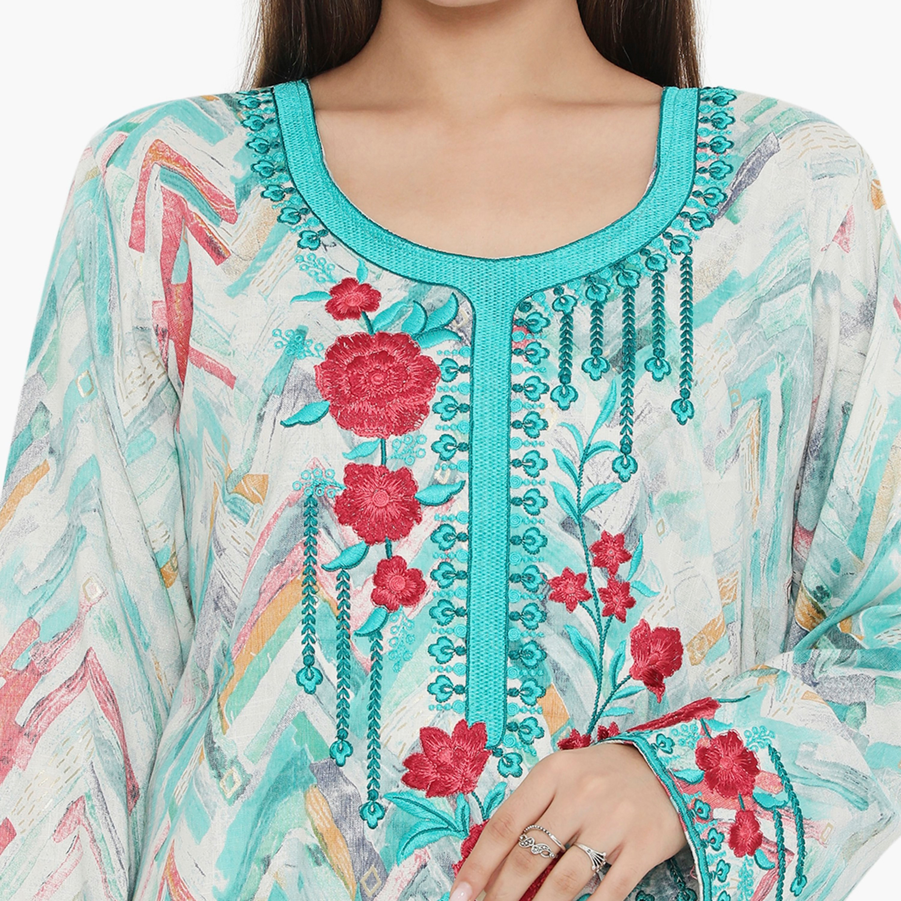 Hana & Sara Printed and Embroidered Yoke Women's Jalabiya-women-arabicclothing-jalabiyas-image-2