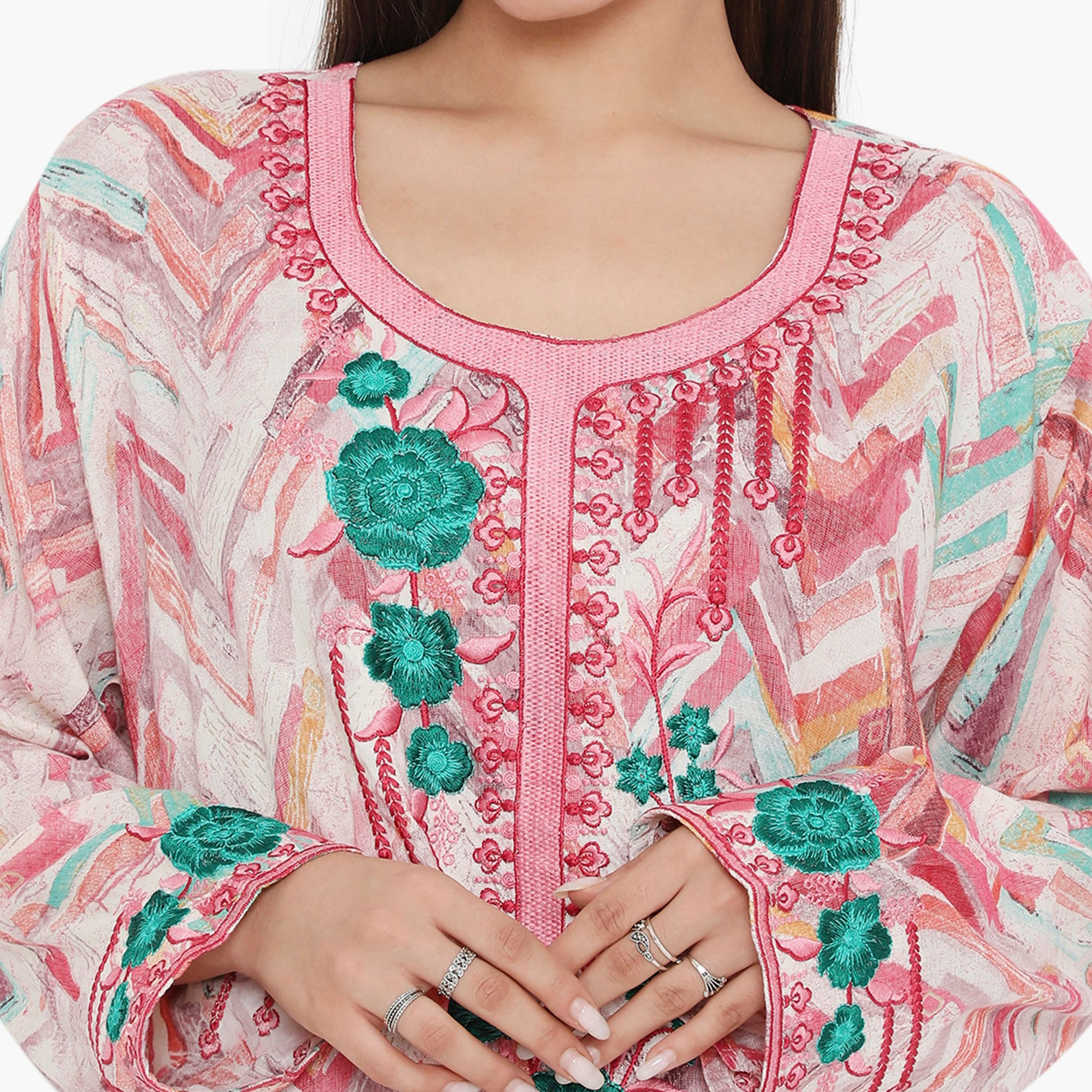 Hana & Sara Printed and Embroidered Yoke Women's Jalabiya-women-arabicclothing-jalabiyas-image-7