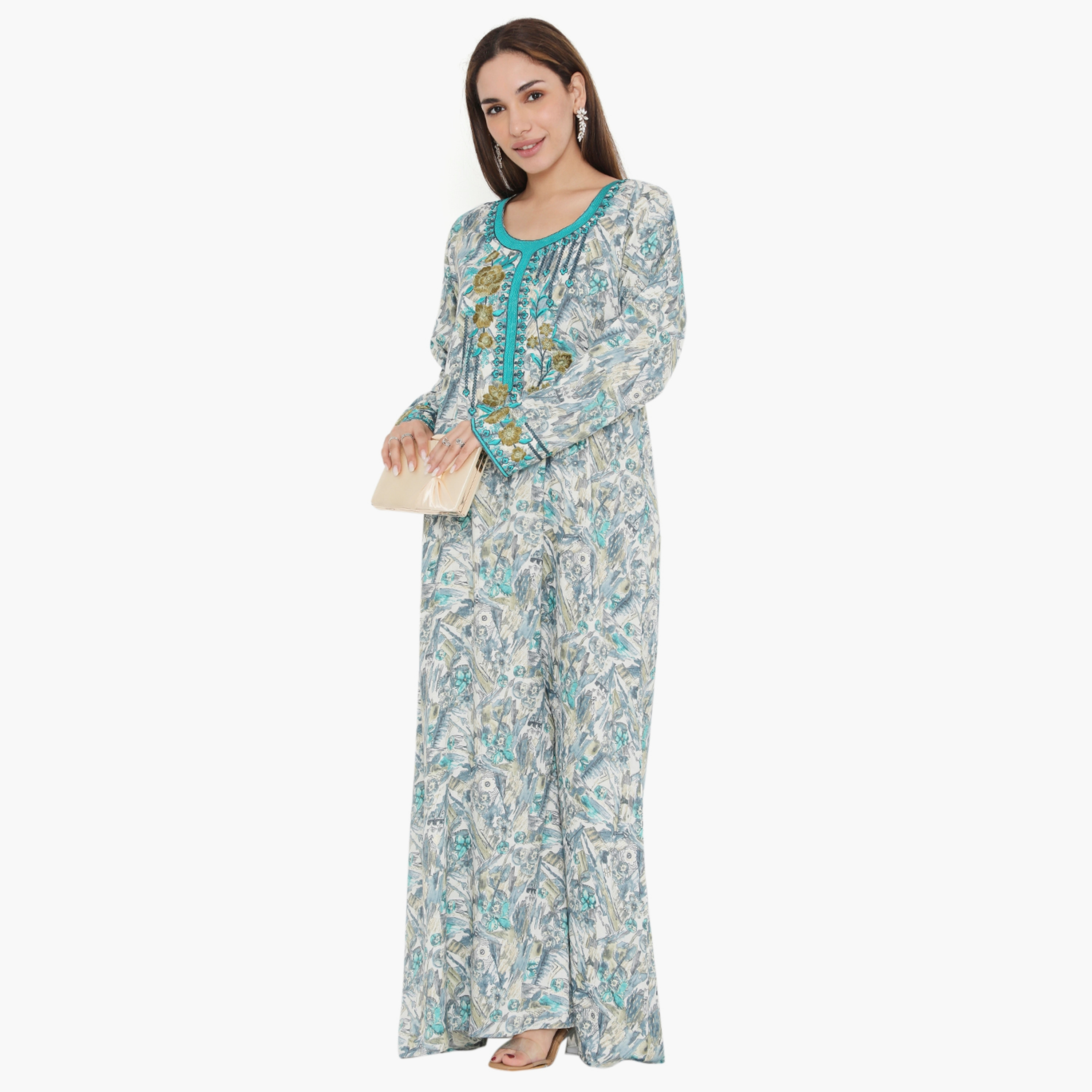 Hana & Sara Printed and Embroidered Yoke Women's Jalabiya-women-arabicclothing-jalabiyas-image-1