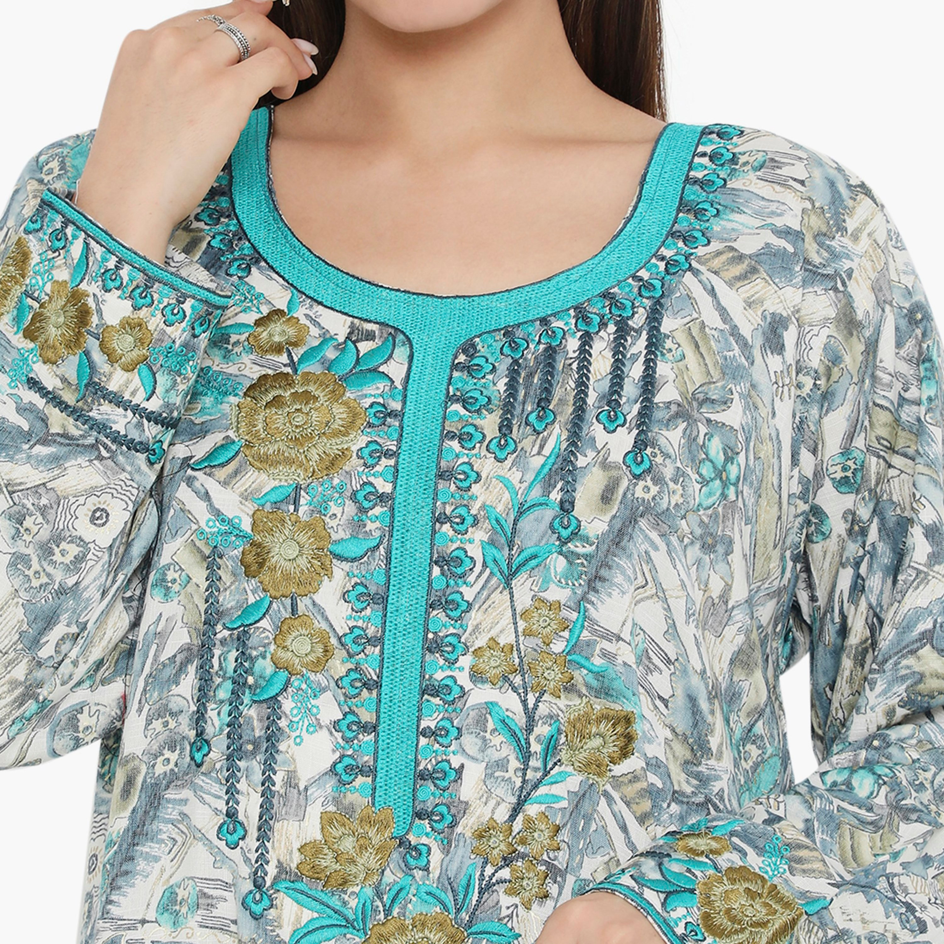 Hana & Sara Printed and Embroidered Yoke Women's Jalabiya-women-arabicclothing-jalabiyas-image-2