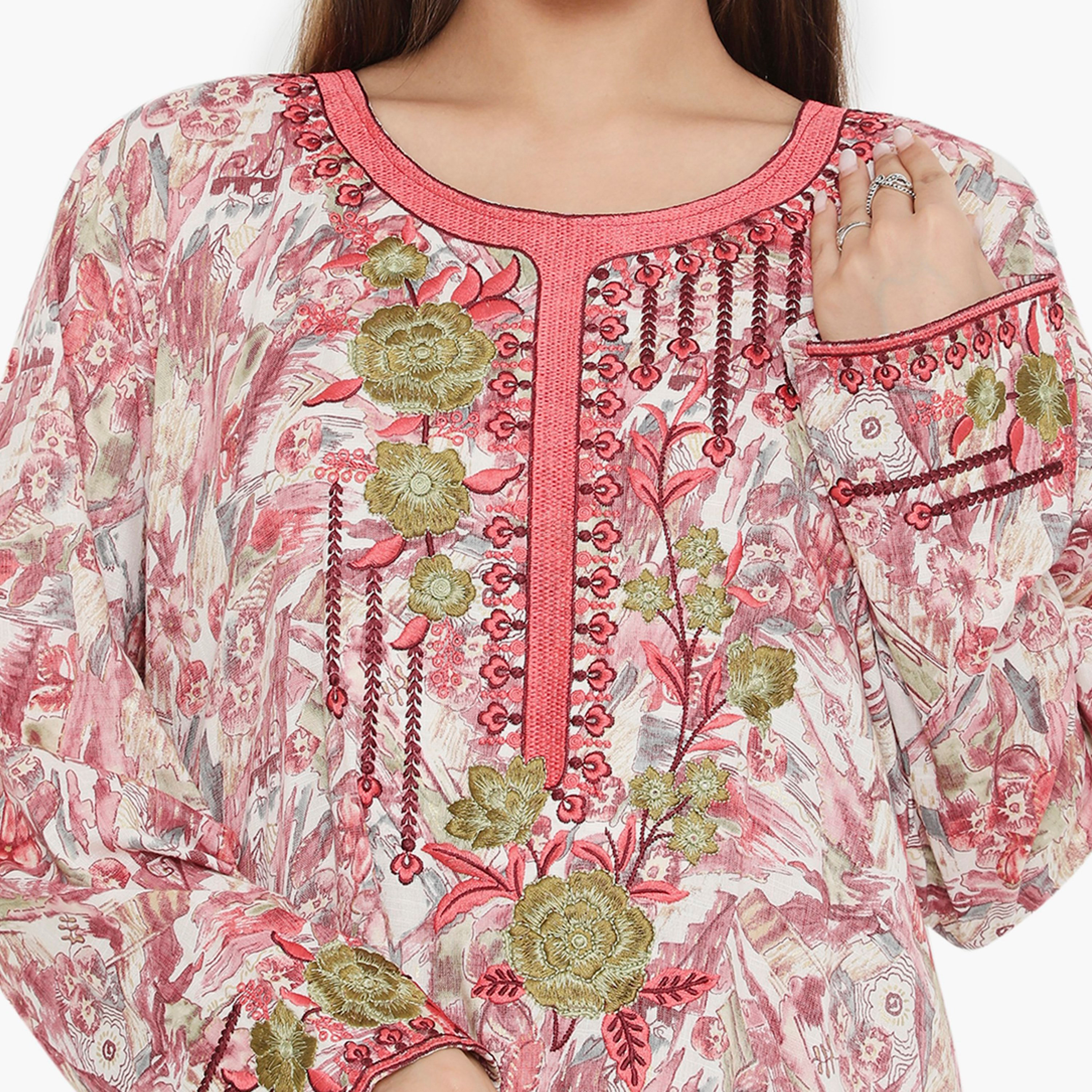 Hana & Sara Printed and Embroidered Yoke Women's Jalabiya-women-arabicclothing-jalabiyas-image-7