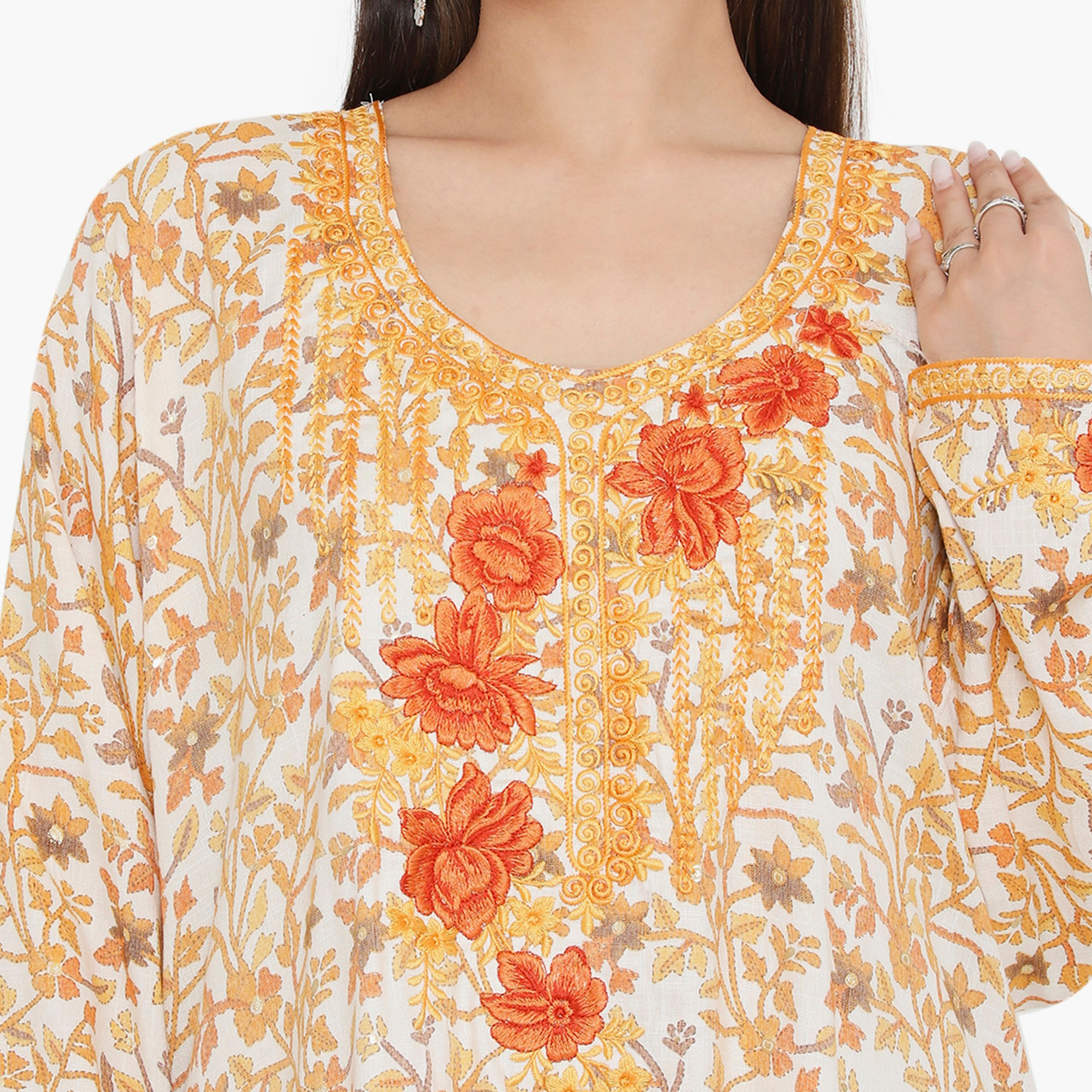 Hana & Sara Floral and Embroidered Yoke Women's Jalabiya-women-arabicclothing-jalabiyas-image-2