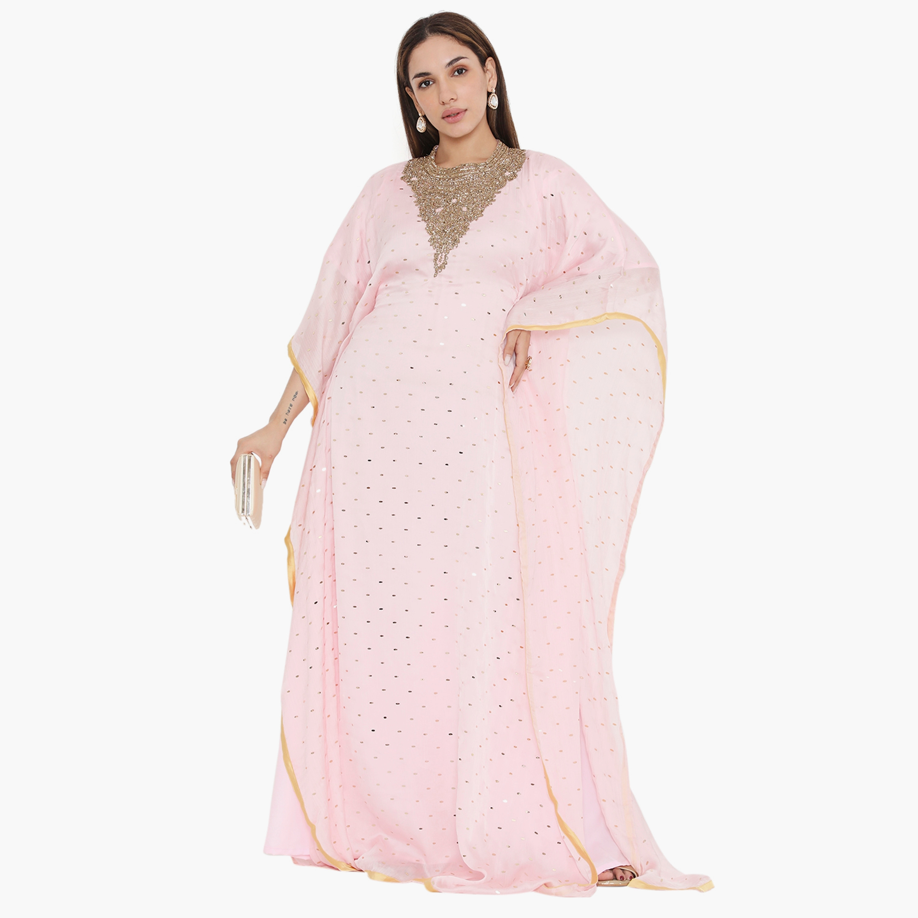 Hana & Sara Pink Beaded and Sequins Women's Jalabiya-women-arabicclothing-jalabiyas-image-1