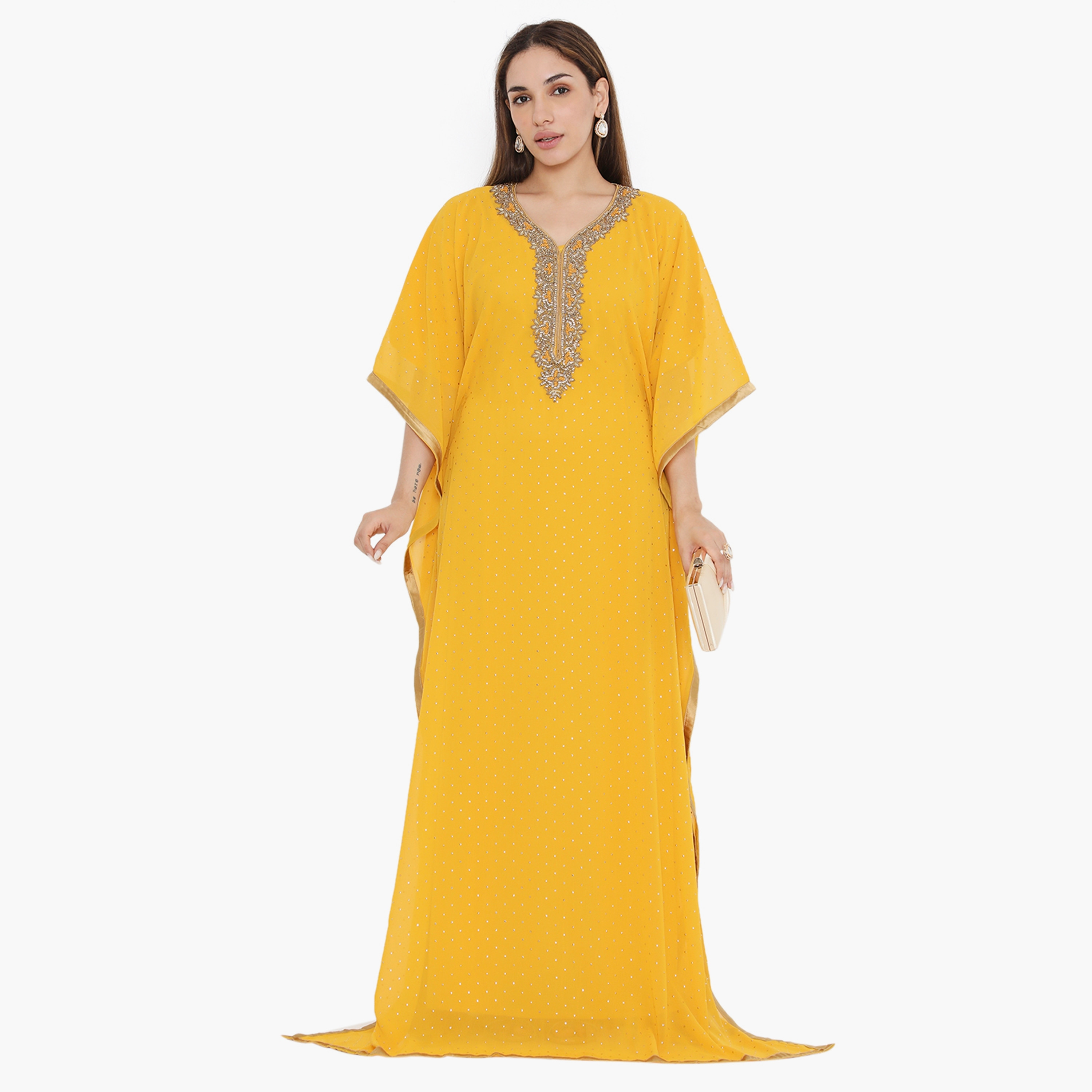 جلابية نسائية من هناء وسارة باللون الاصفر مزينة بالخرز والترتر-women-arabicclothing-jalabiyas-image-1
