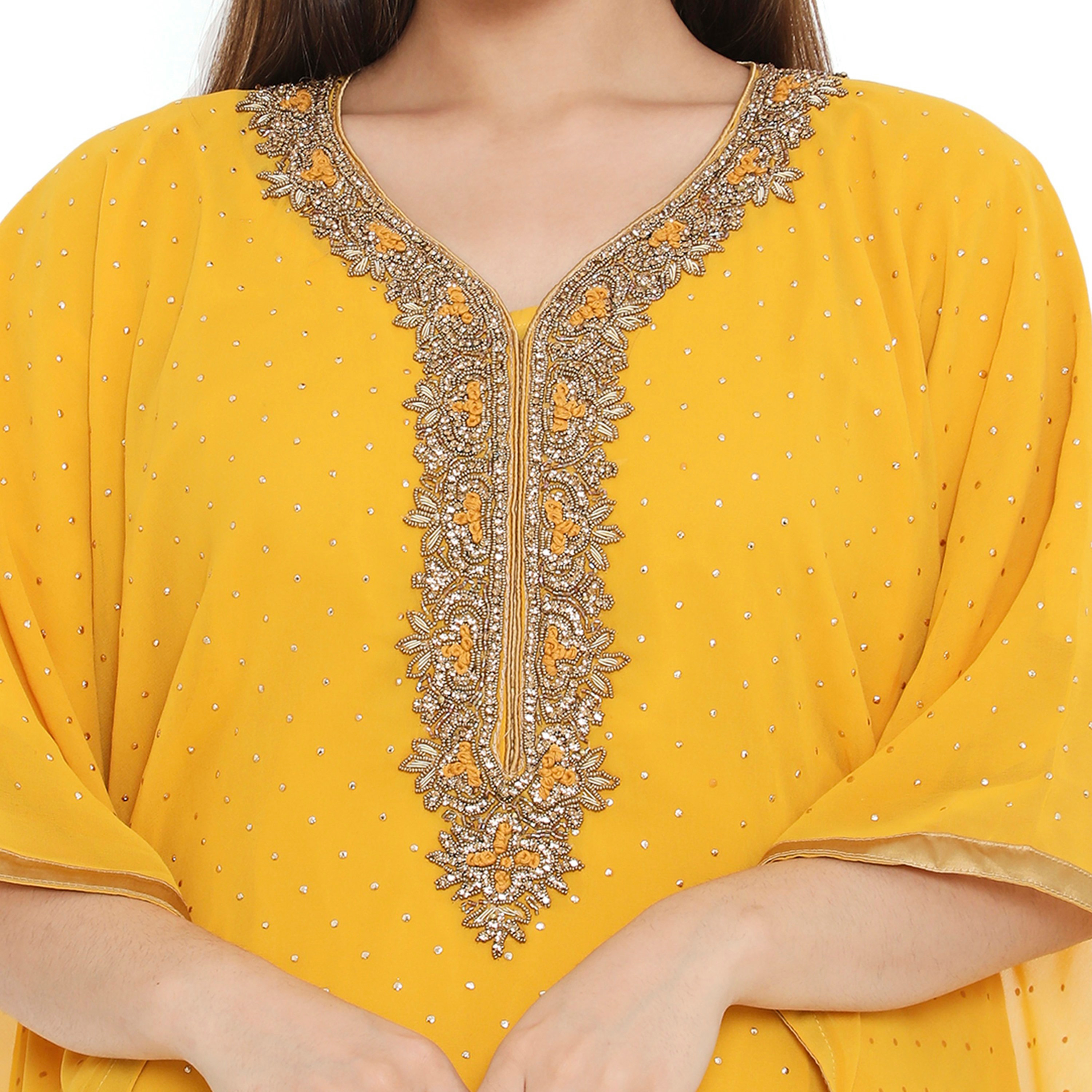 جلابية نسائية من هناء وسارة باللون الاصفر مزينة بالخرز والترتر-women-arabicclothing-jalabiyas-image-2