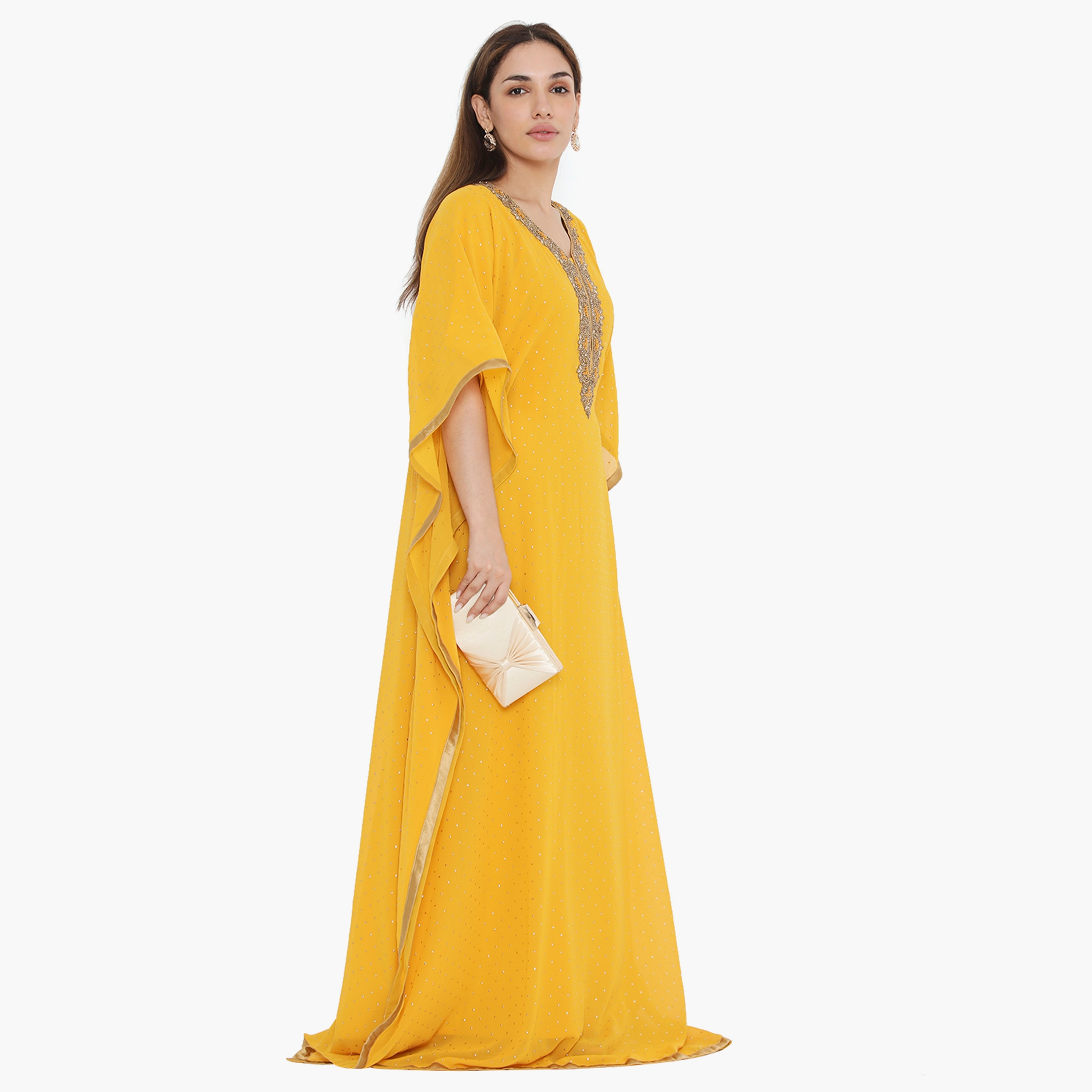Hana & Sara Yellow Beaded and Sequins Women's Jalabiya-women-arabicclothing-jalabiyas-image-4