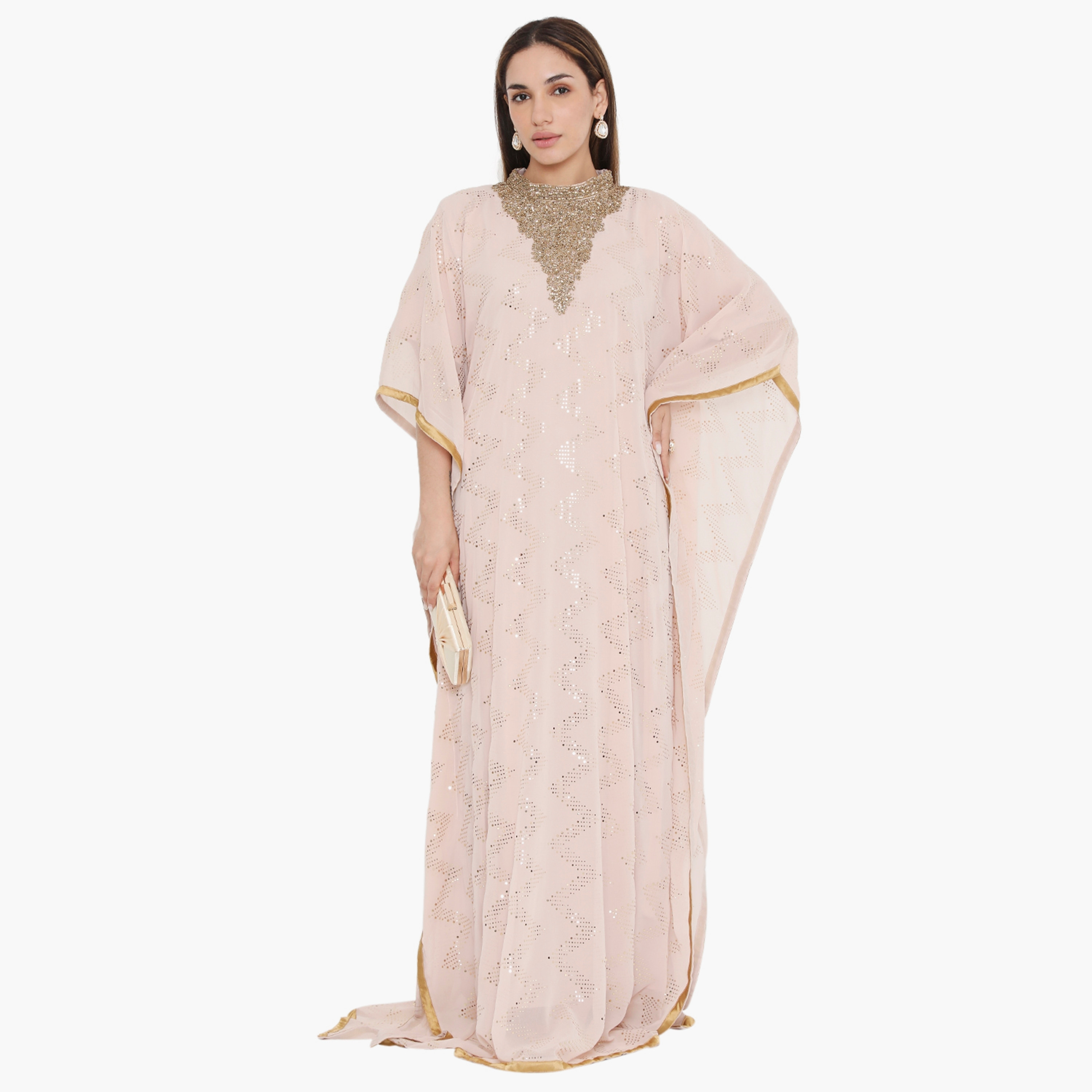 Hana & Sara Peach Beaded and Embellished Women's Jalabiya-women-arabicclothing-jalabiyas-image-1