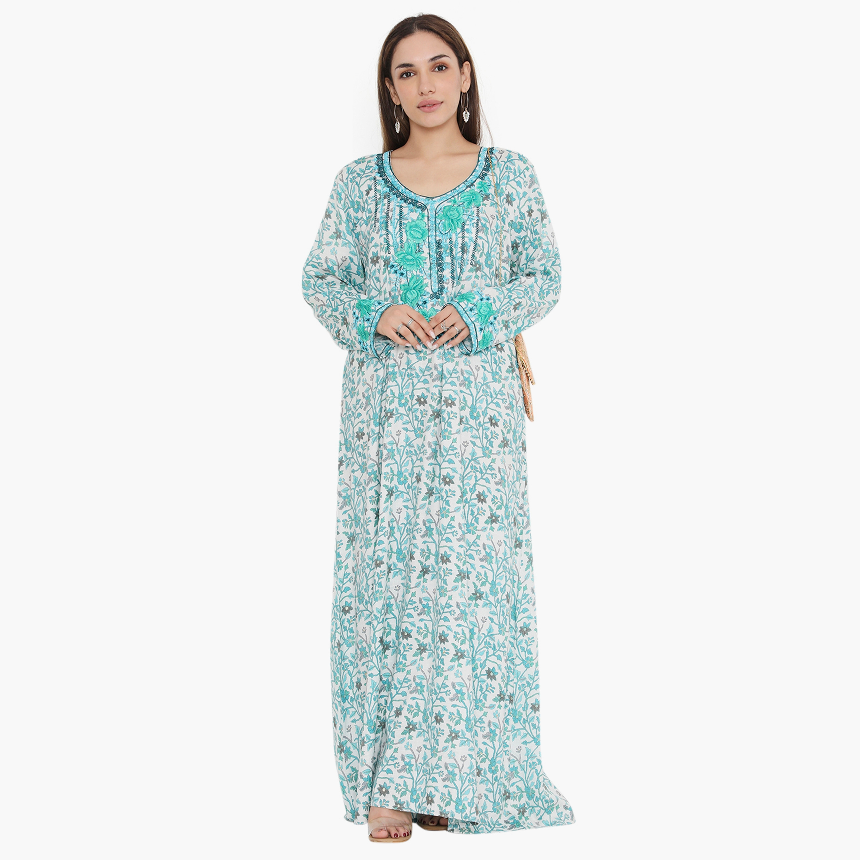 جلابية نسائية مطرزة ومطرزة بالورود الازرق ذات يوك من هناء وسارة-women-arabicclothing-jalabiyas-image-1