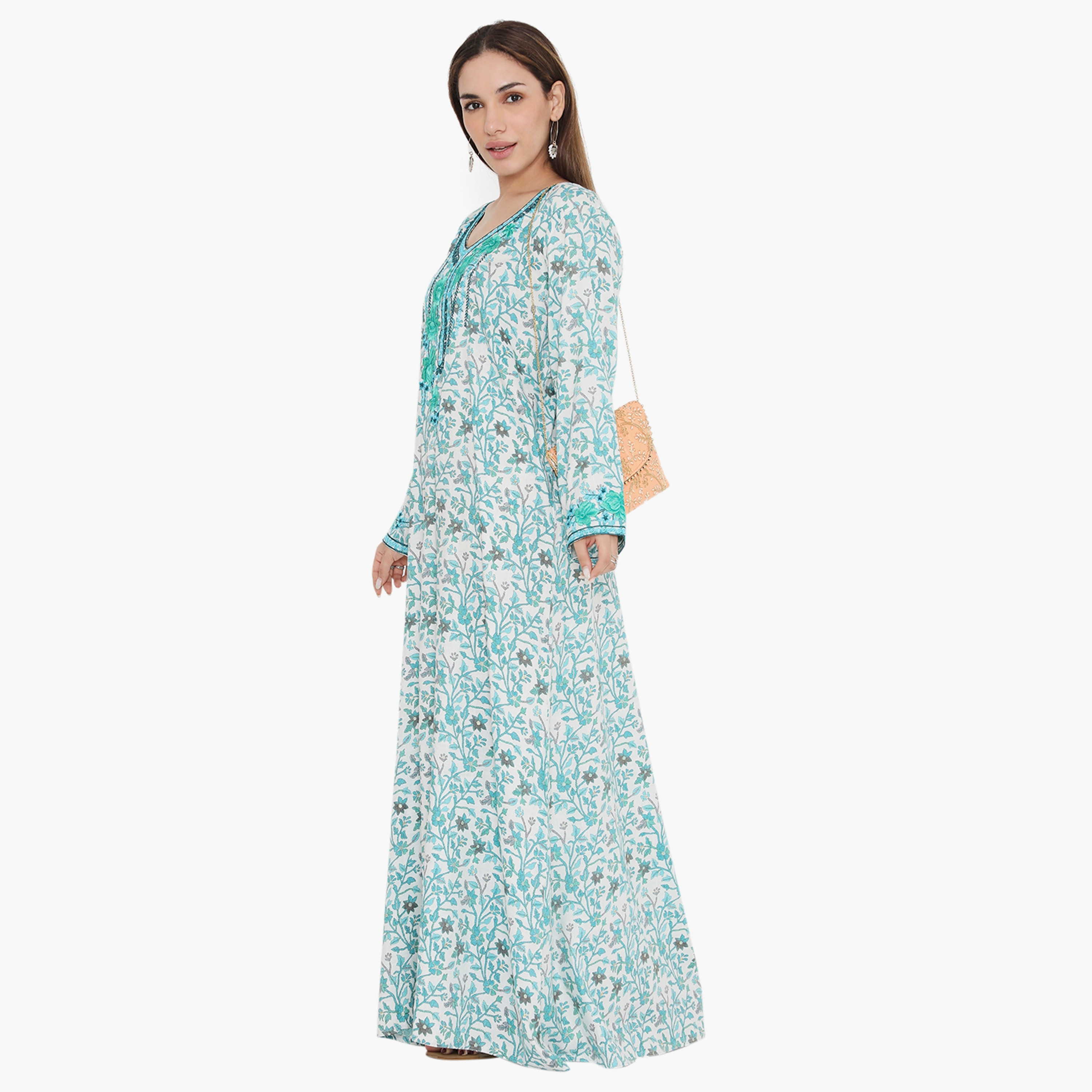 جلابية نسائية مطرزة ومطرزة بالورود الازرق ذات يوك من هناء وسارة-women-arabicclothing-jalabiyas-image-3